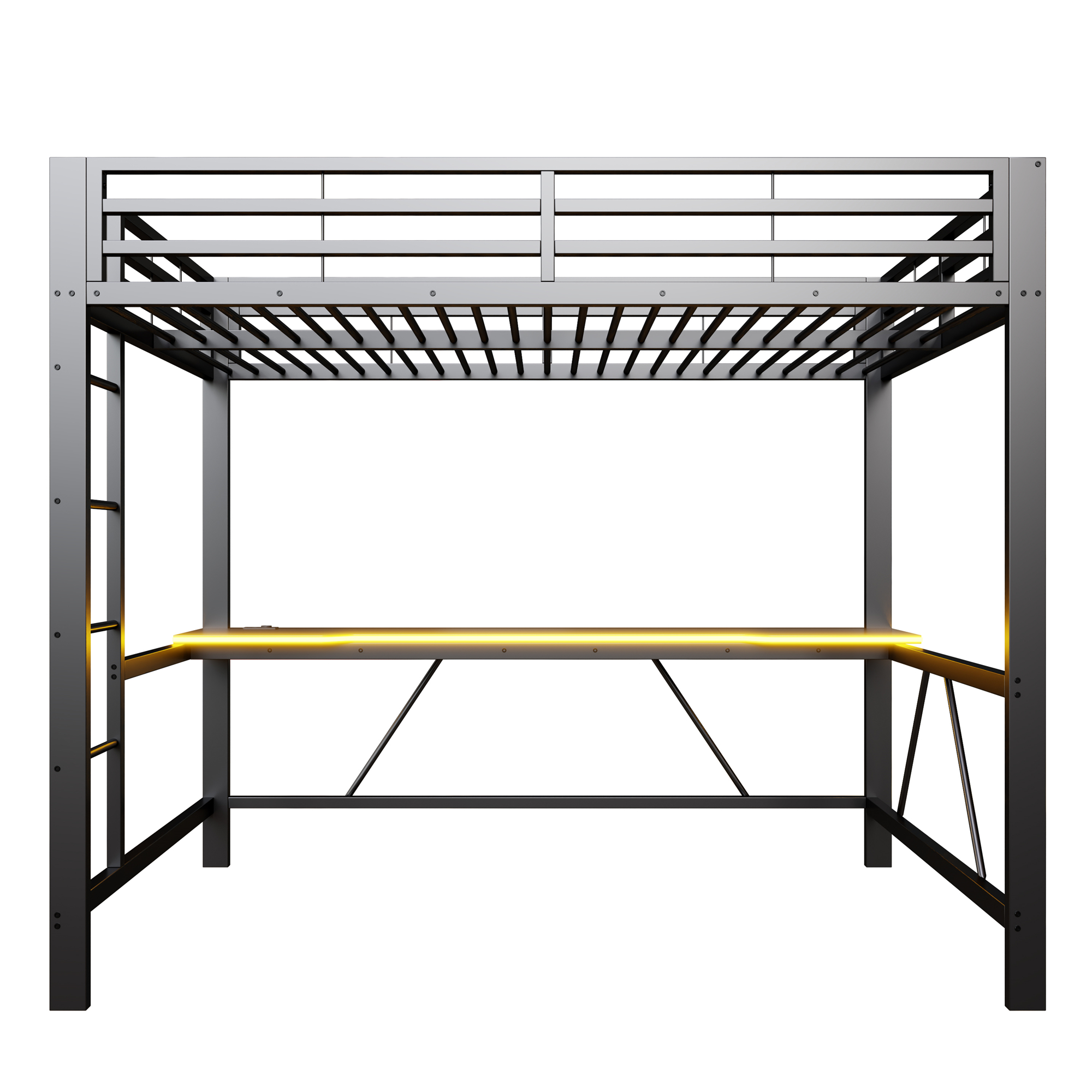 Lit mezzanine 140x200 cm,en métal,lit enfant,rangement intégré,bureau intégré,éclairage LED,port USB,noir,lit mezzanine avec bureau