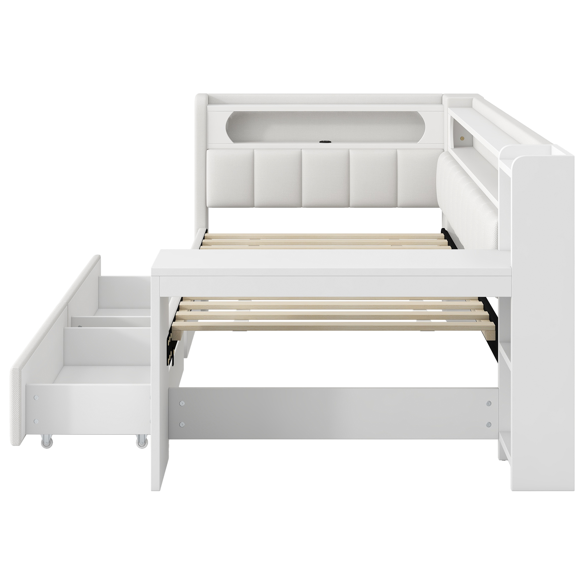 Lit banquette 90x200 cm,en bois,tiroirs de rangement,bureau intégré,éclairage LED,port USB,blanc,lit 1 place,lit avec rangement intégré