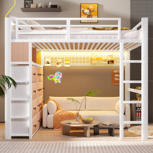 Lit mezzanine blanc 140x200 cm avec tiroirs et rangements