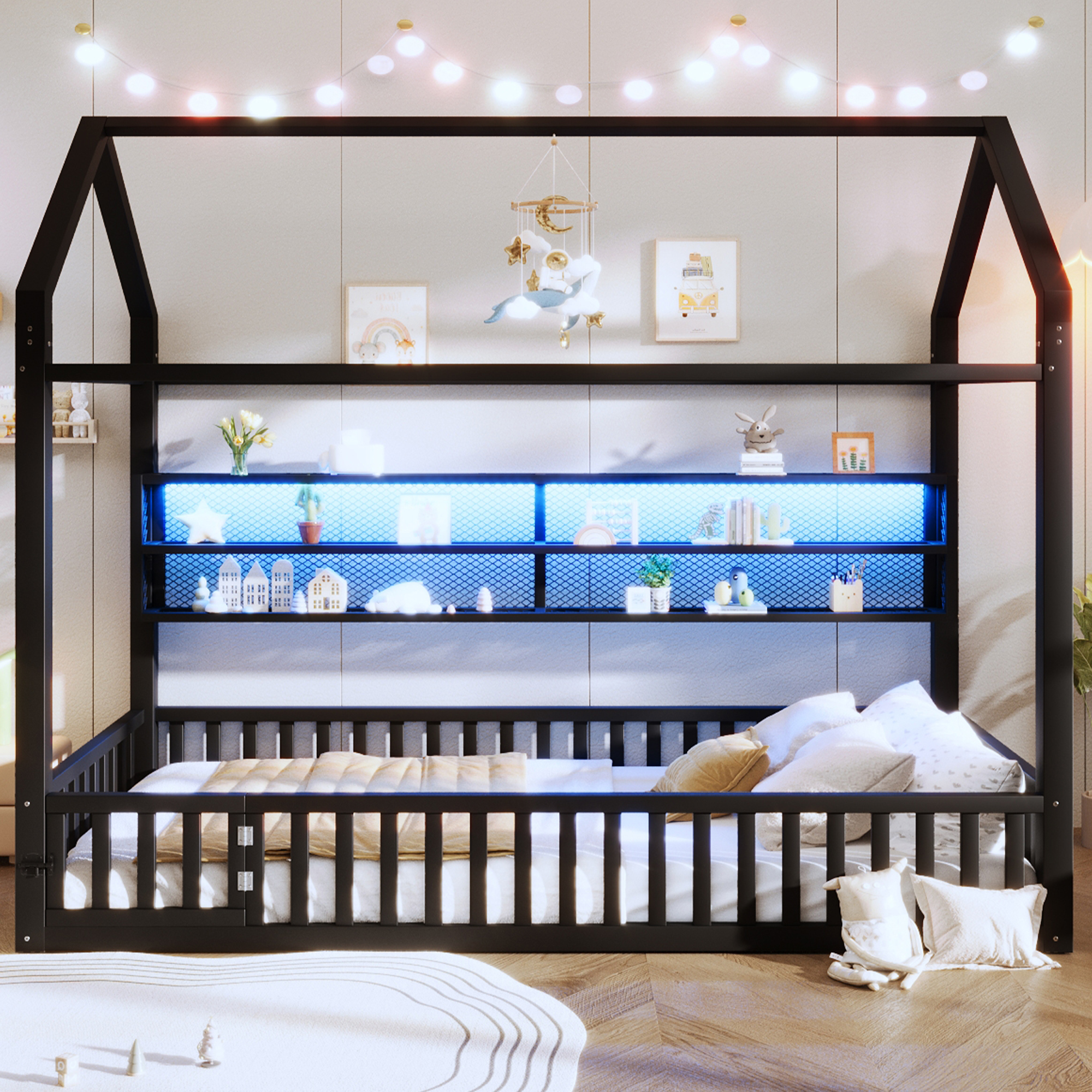 Lit plateforme 90 x 200 cm, design cabane, éclairage LED sous le couchage, garde-corps, métal, noir, 204 x 95 x 170 cm 🏠 - présentation 1