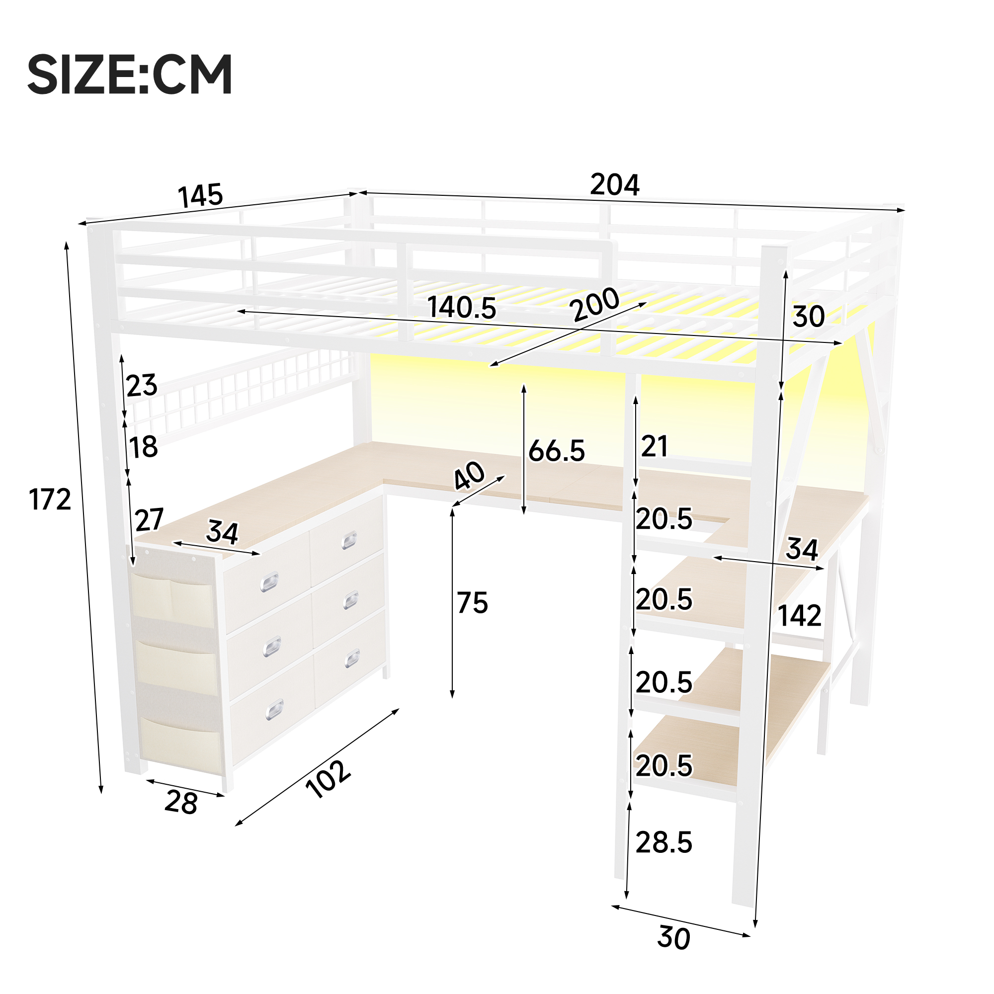 Dimensions du lit mezzanine 140x200 cm avec bureau en U