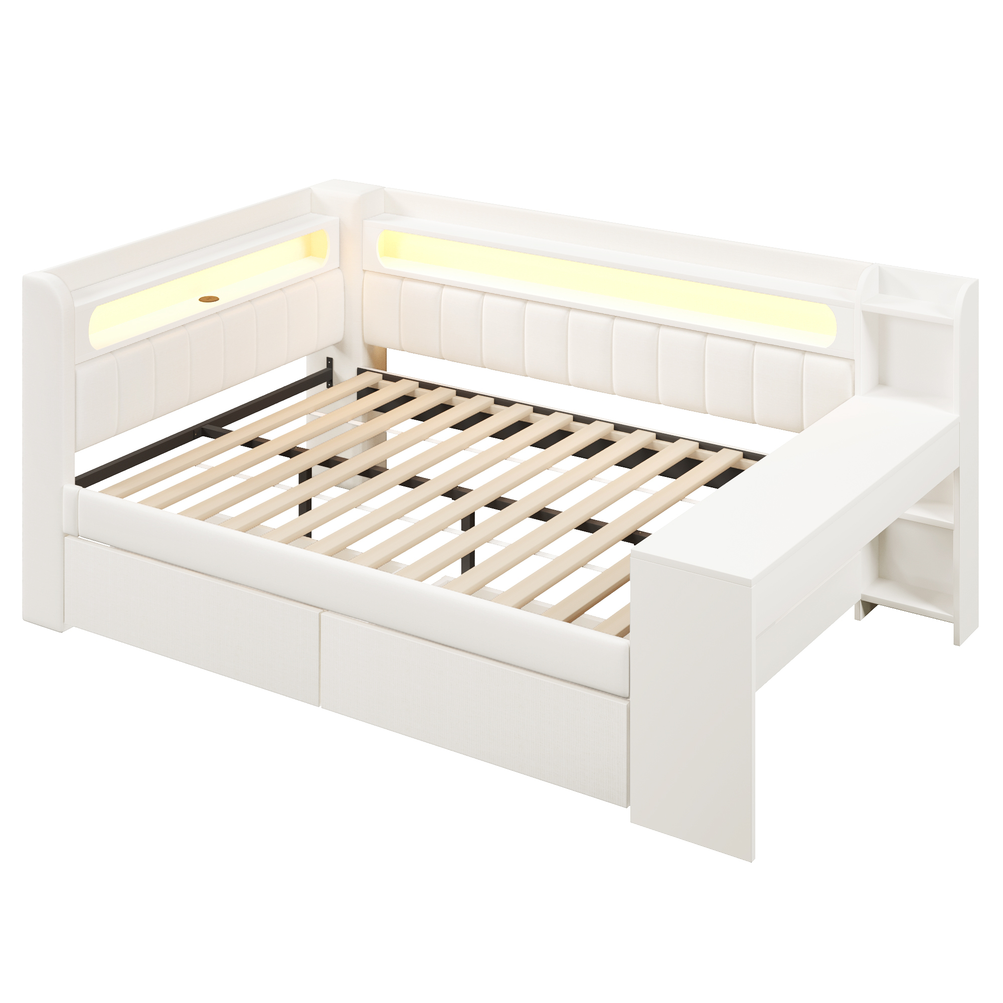 Lit banquette 140x200 cm,en bois,tiroirs de rangement,bureau intégré,éclairage LED,port USB,blanc,lit 2 places,lit avec rangement intégré