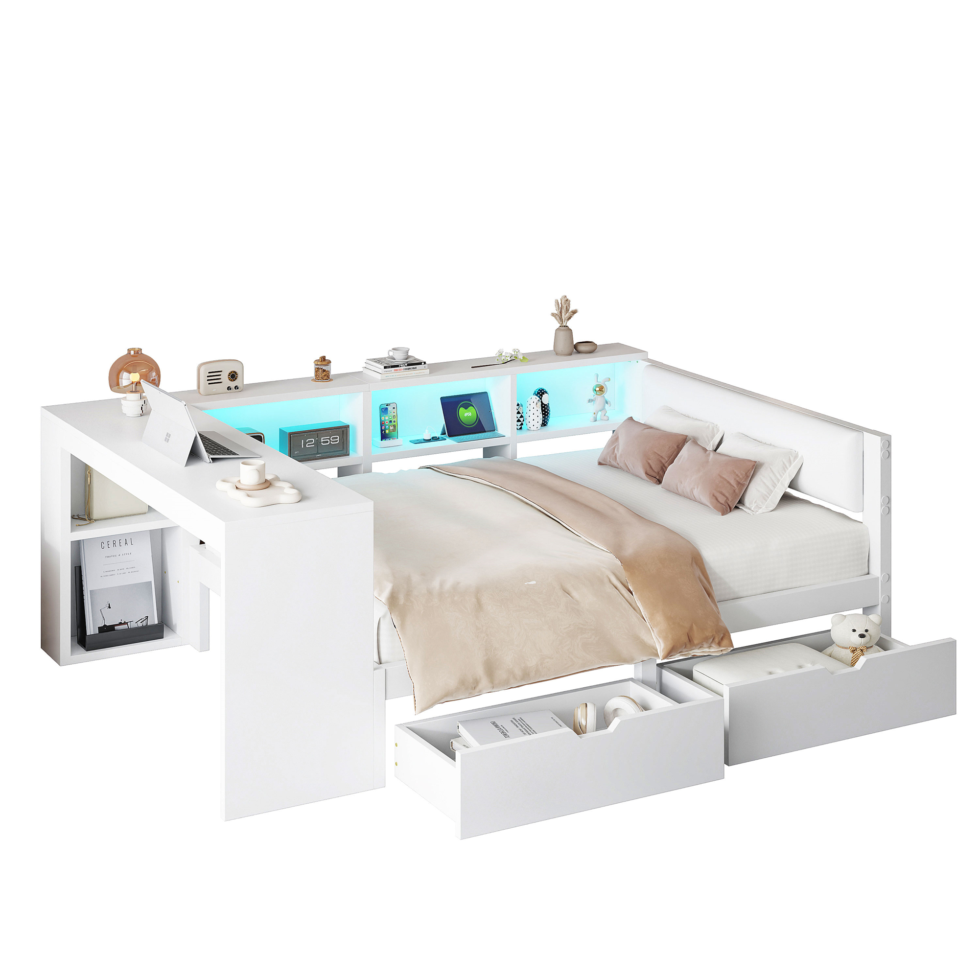 Lit / lit de chambre 140 x 200 cm avec éclairage LED, port USB / Type-C, prises intégrées, rangements intégrés, blanc - points forts 1