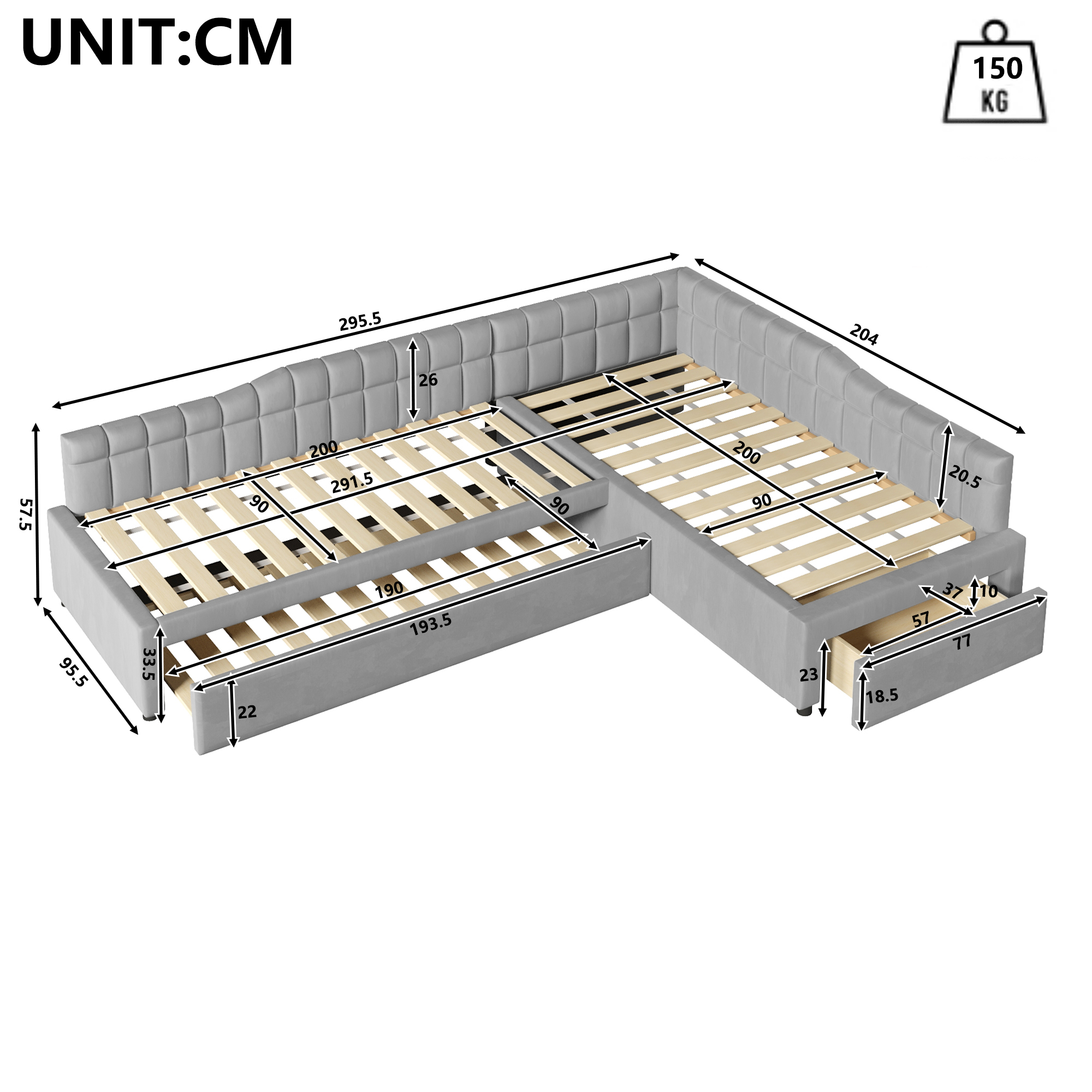 Lit rembourré 90 x 200 cm, lit gigogne 90 x 200 cm, tiroirs de rangement, MDF, gris, 295,5 x 95,5 x 57,5 cm 🛏️↔ - vue complémentaire 1
