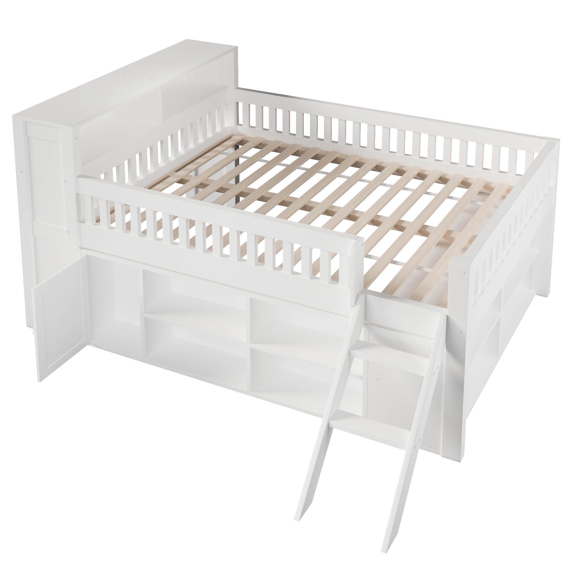 Lit banquette 140x200 cm,en bois,lit enfant,rangement intégré,éclairage LED,blanc,lit avec rangement intégré