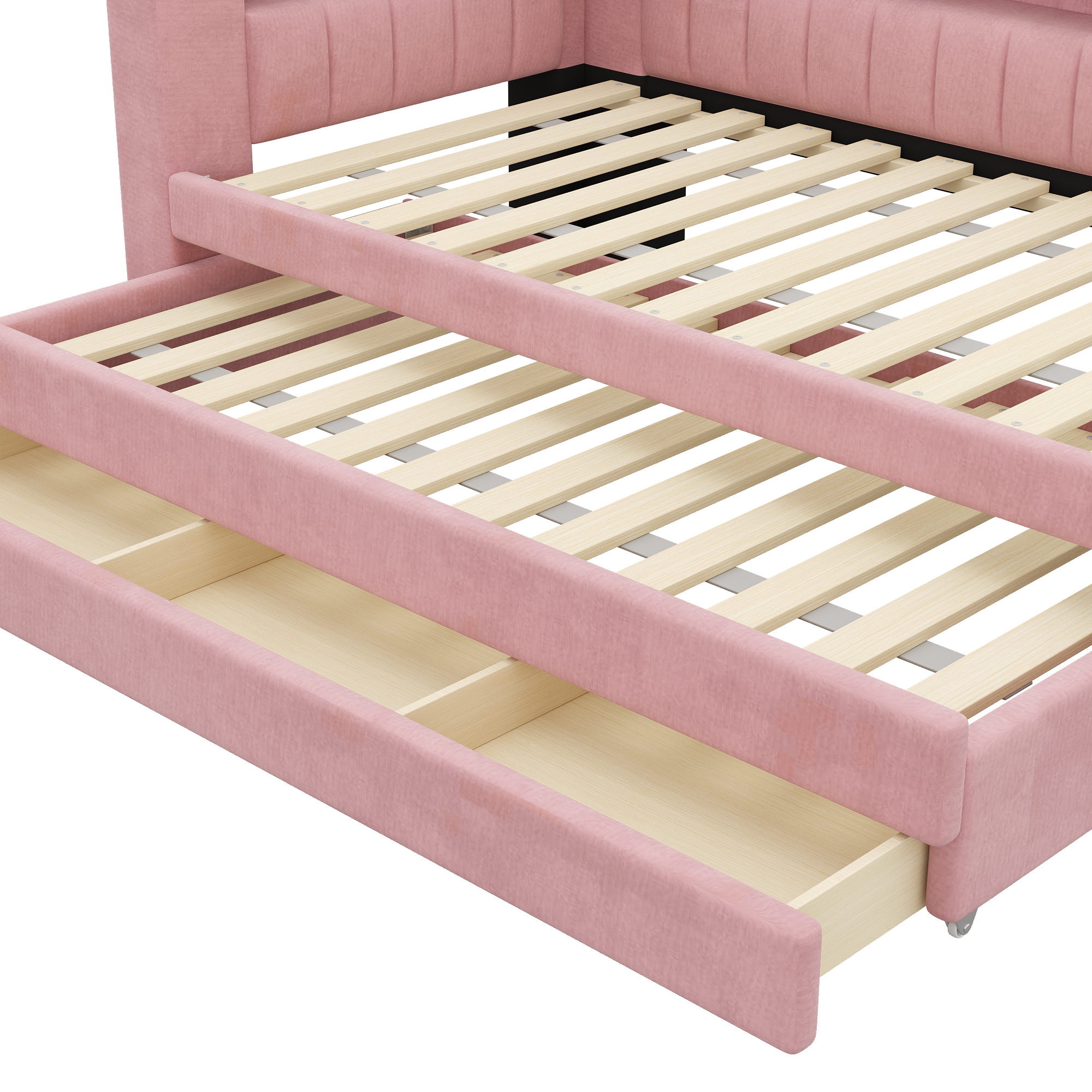 Lit banquette 90x200 cm,en bois,lit gigogne,éclairage LED,port USB,rose,lit 1 place