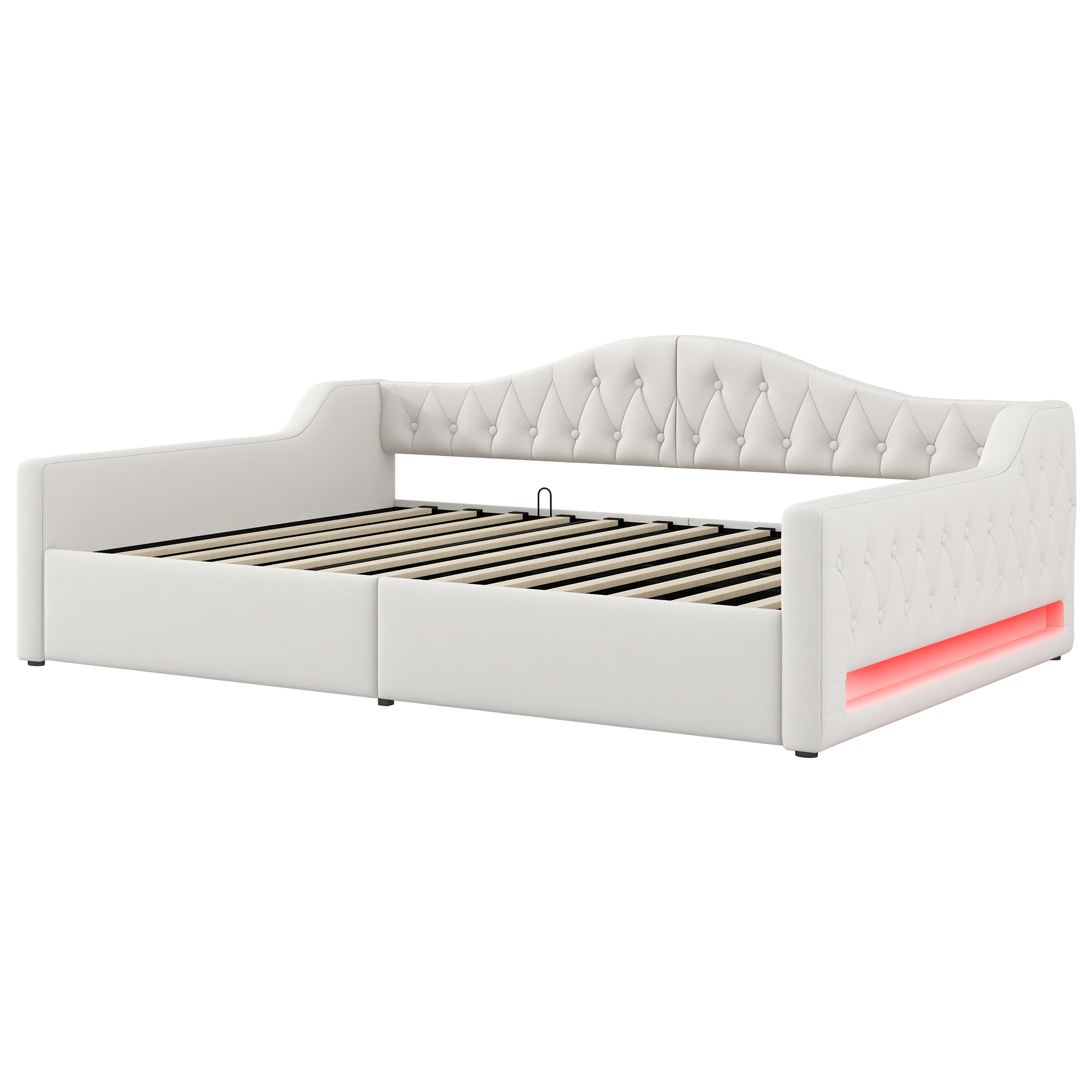 Lit banquette convertible 140x200 cm,en bois,couchage gigogne,rangement intégré,éclairage LED,beige,lit 2 places,lit avec rangement intégré