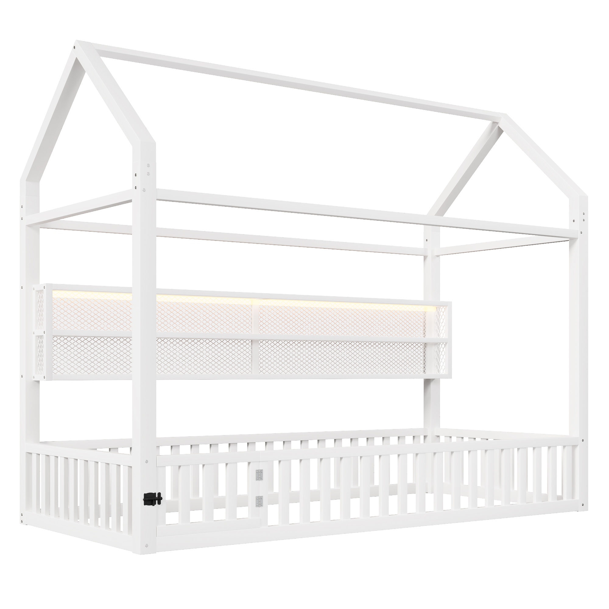 Lit plateforme 90 x 200 cm, design cabane, éclairage LED sous le couchage, garde-corps, métal, blanc, 204 x 95 x 170 cm 🏠 - spécifications 1