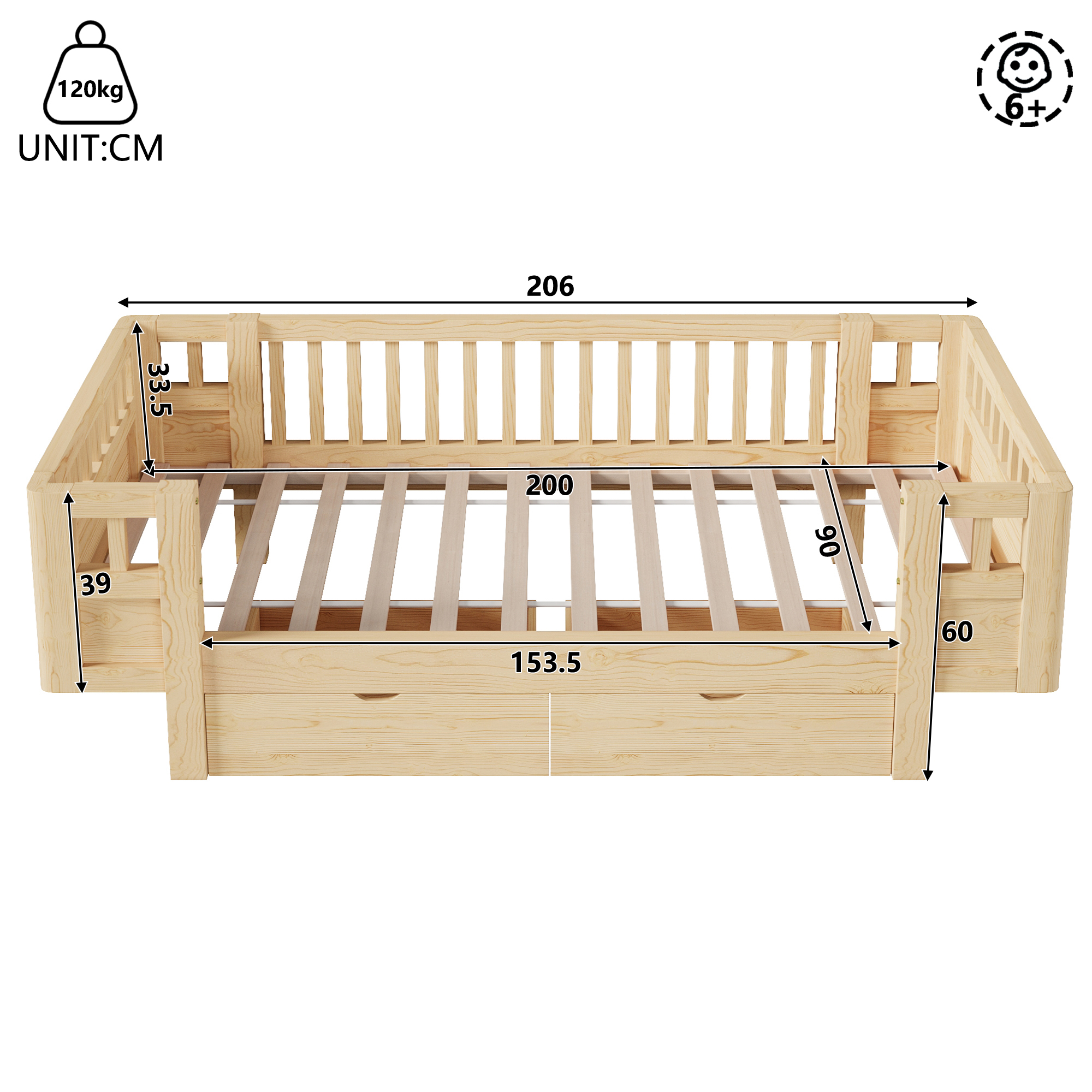 Lit / lit de chambre 90 x 200 cm avec éclairage LED, rangements intégrés, fonction extensible, bois - vue complémentaire 1