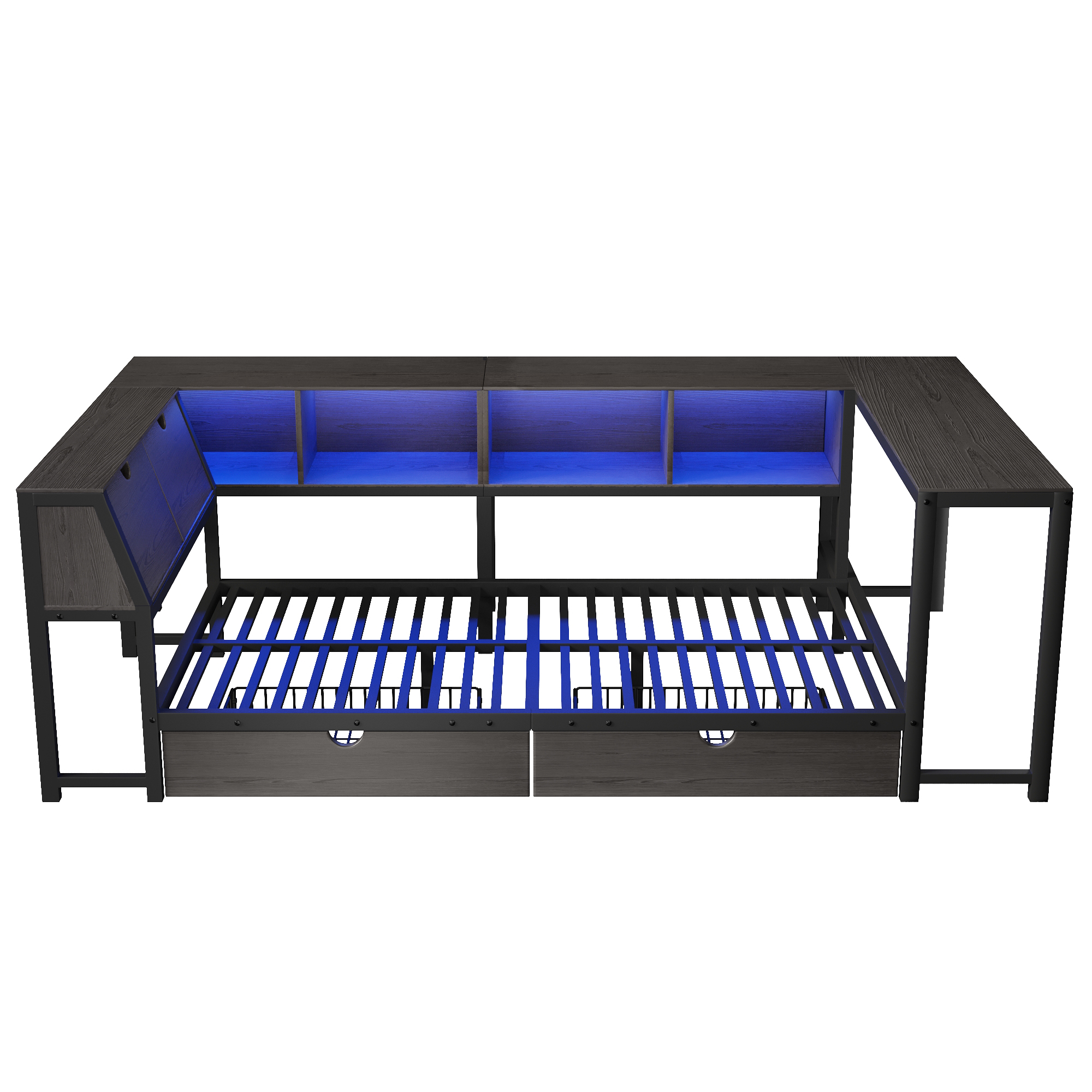 Lit 90 x 200 cm, bureau intégré, 2 tiroirs, éclairage LED intégré à la tête de lit, métal et MDF, noir, 254,5 x 118,5 x 76,5 cm - points forts 1
