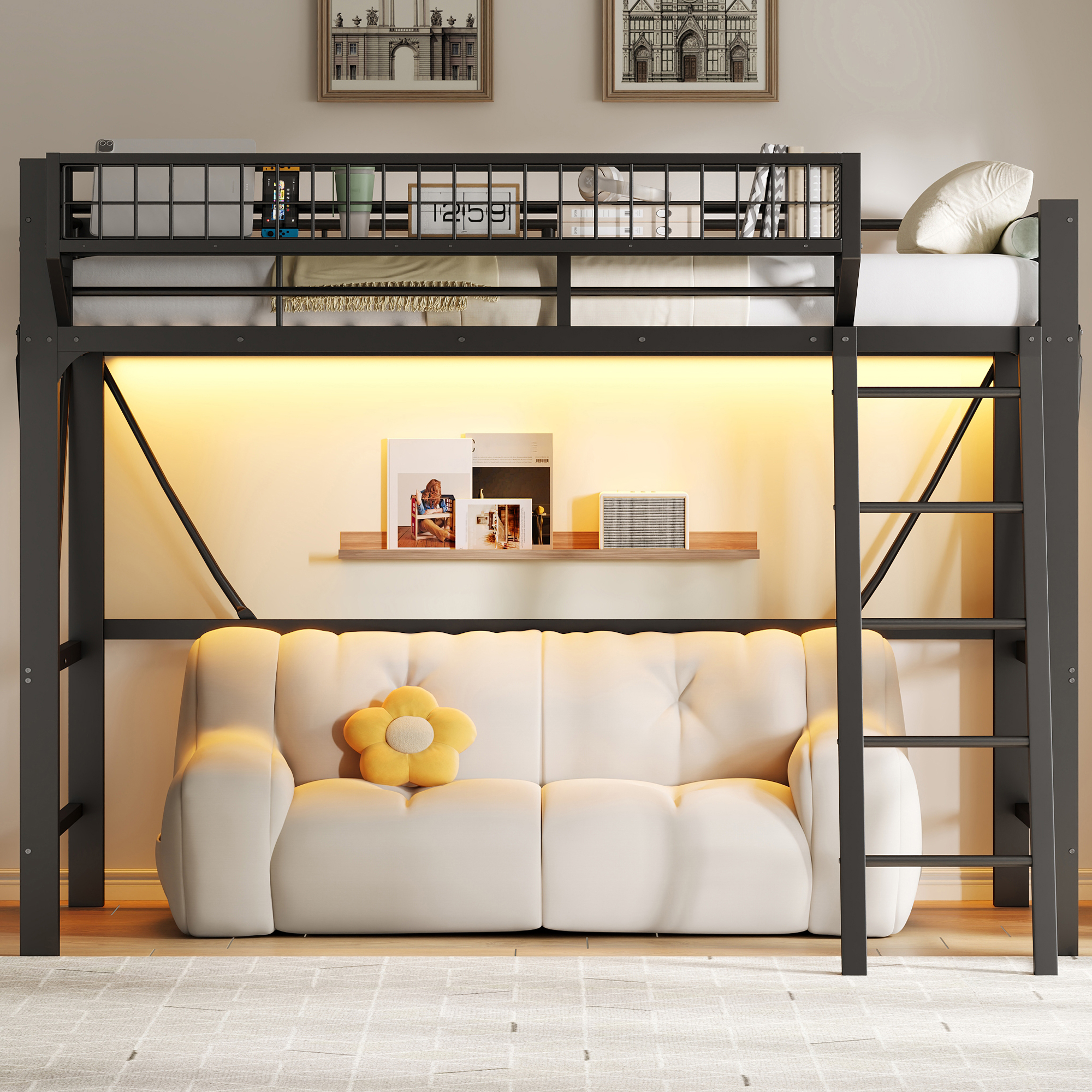 Lit mezzanine 90 x 200 cm, bureau intégré, escalier, éclairage LED sous le couchage, garde-corps, métal, noir, 204 x 124,5 x 180 cm - vue principale 1