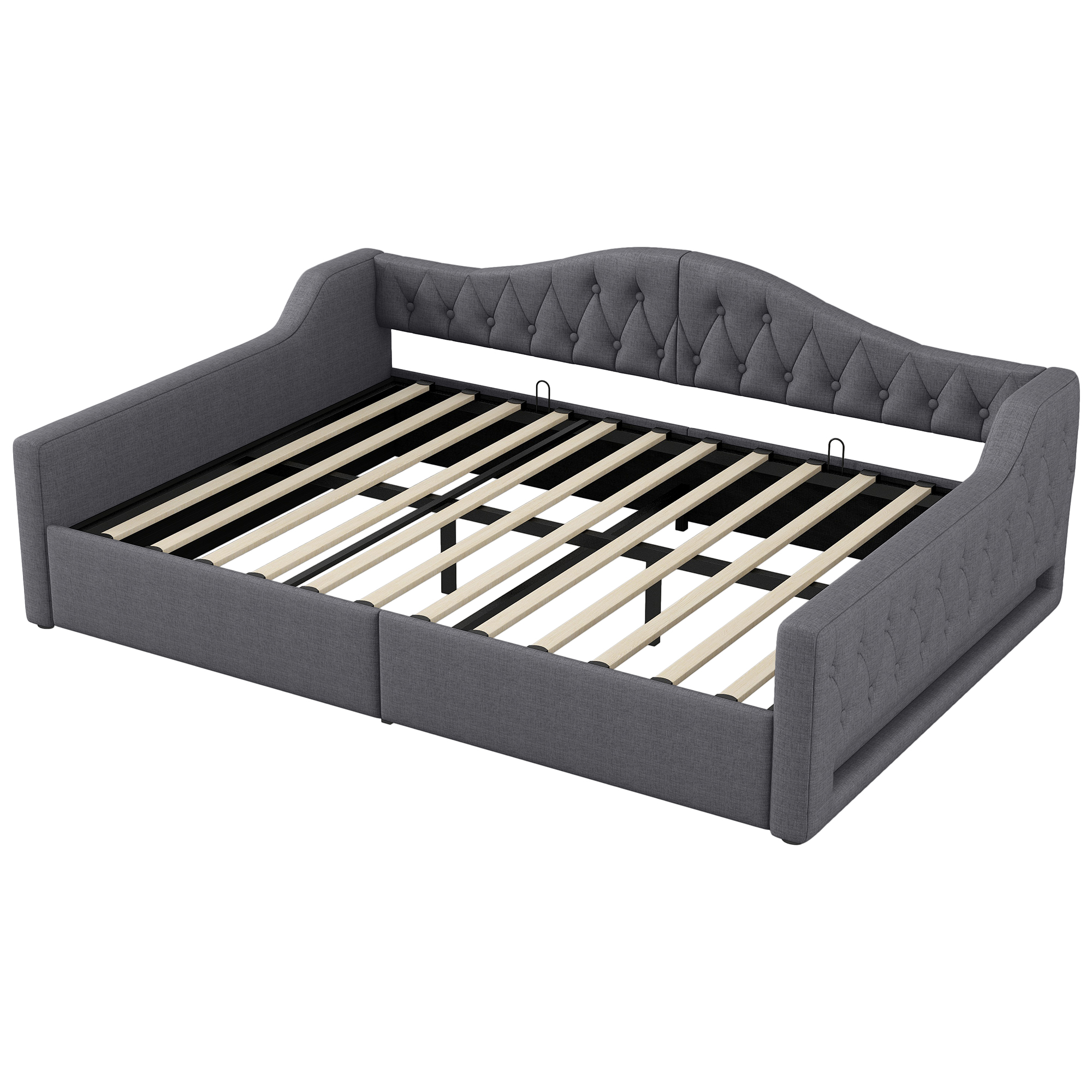 Lit banquette convertible 140x200 cm,en bois,couchage gigogne,rangement intégré,éclairage LED,gris,lit 2 places,lit avec rangement intégré