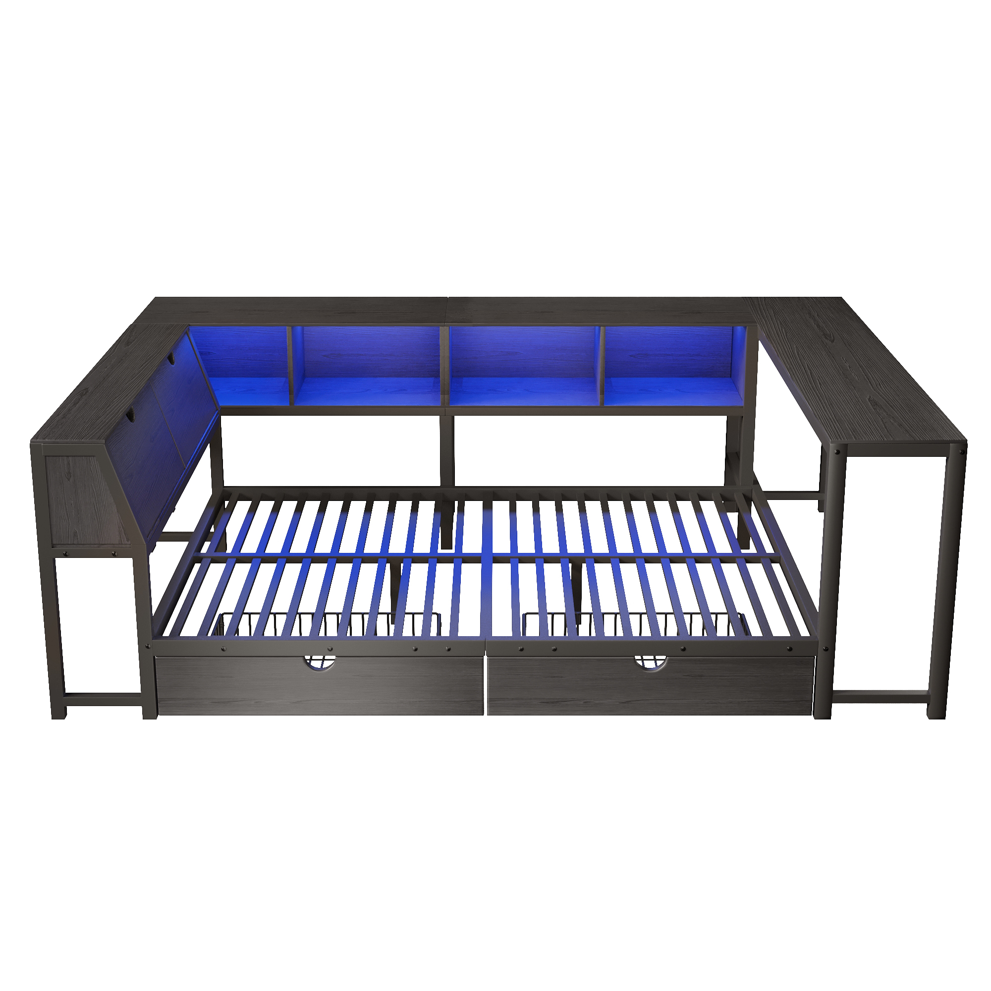 Lit en métal 140x200 cm,en métal,lit enfant,tiroirs de rangement,bureau intégré,éclairage LED,noir,lit avec rangement intégré