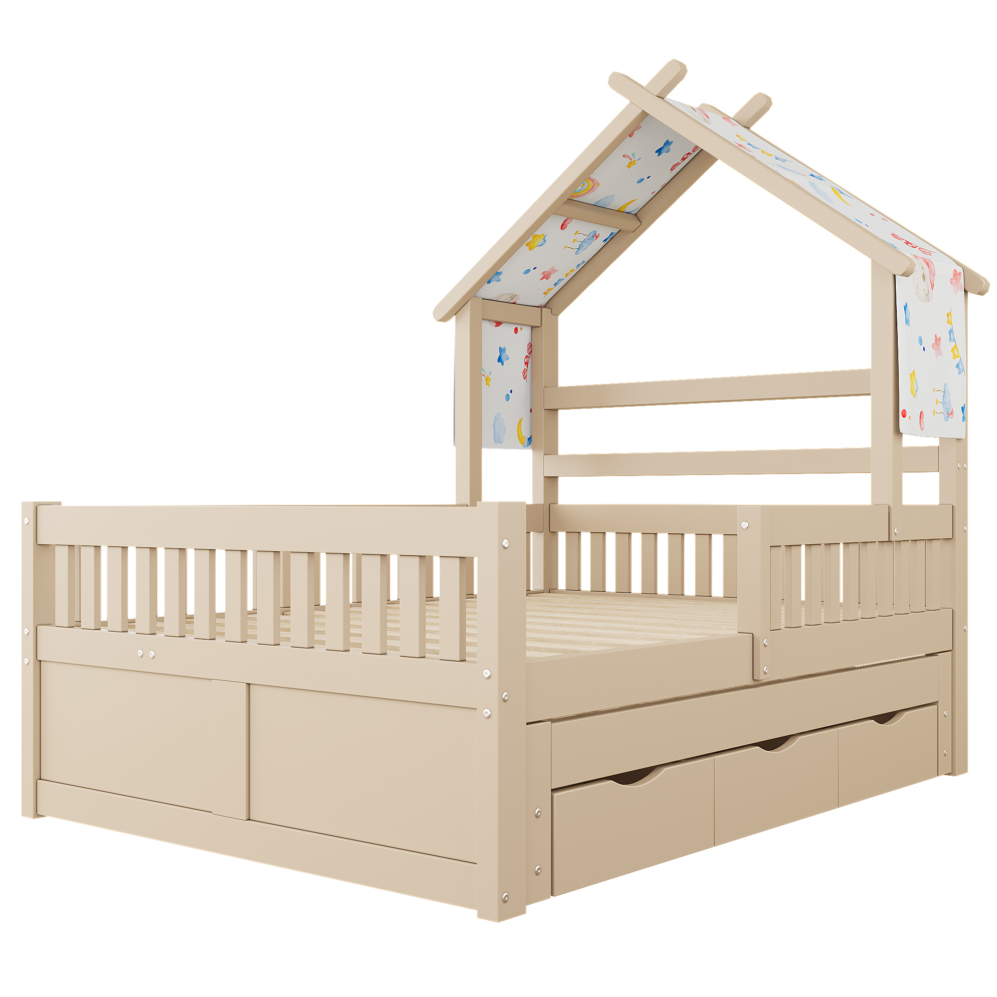 Lit cabane 140x200 cm,en bois,lit enfant,lit gigogne,port USB,Écru