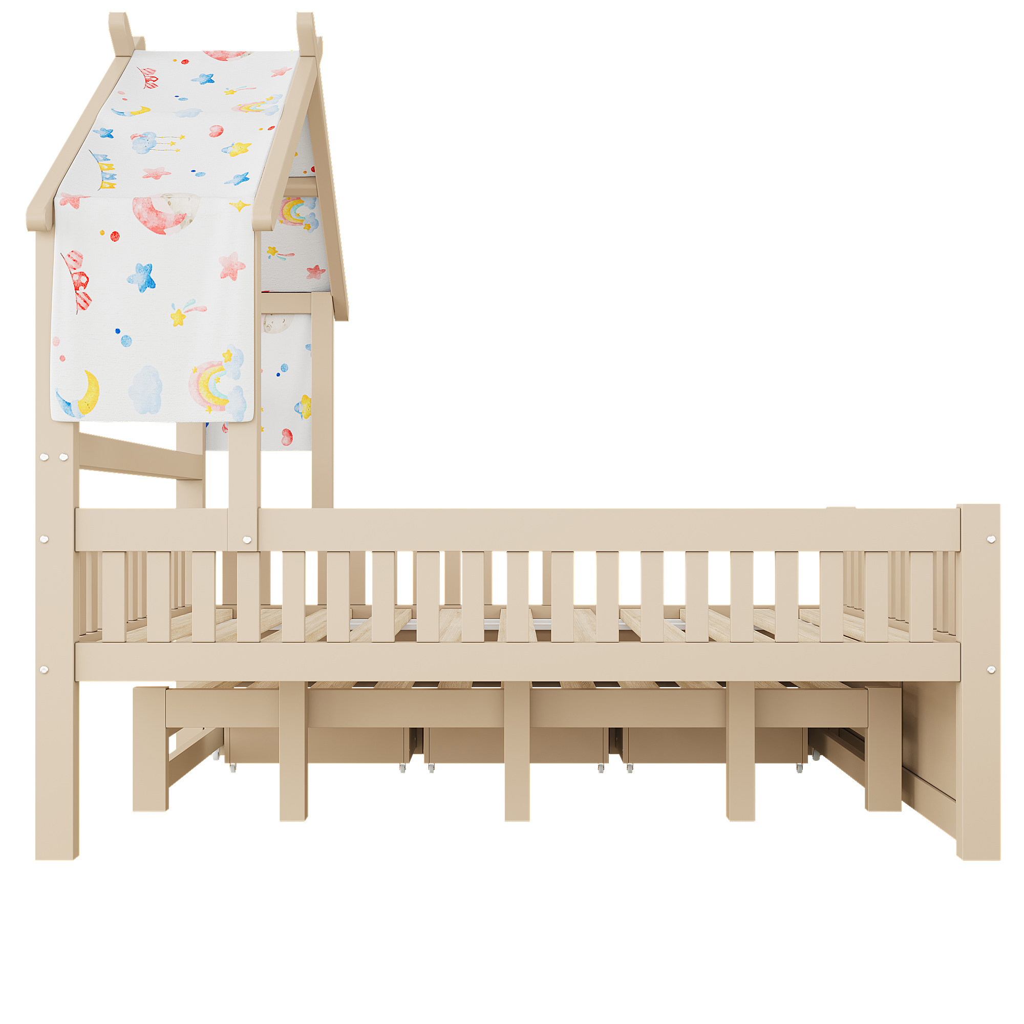 Lit cabane 140x200 cm,en bois,lit enfant,lit gigogne,port USB,Écru