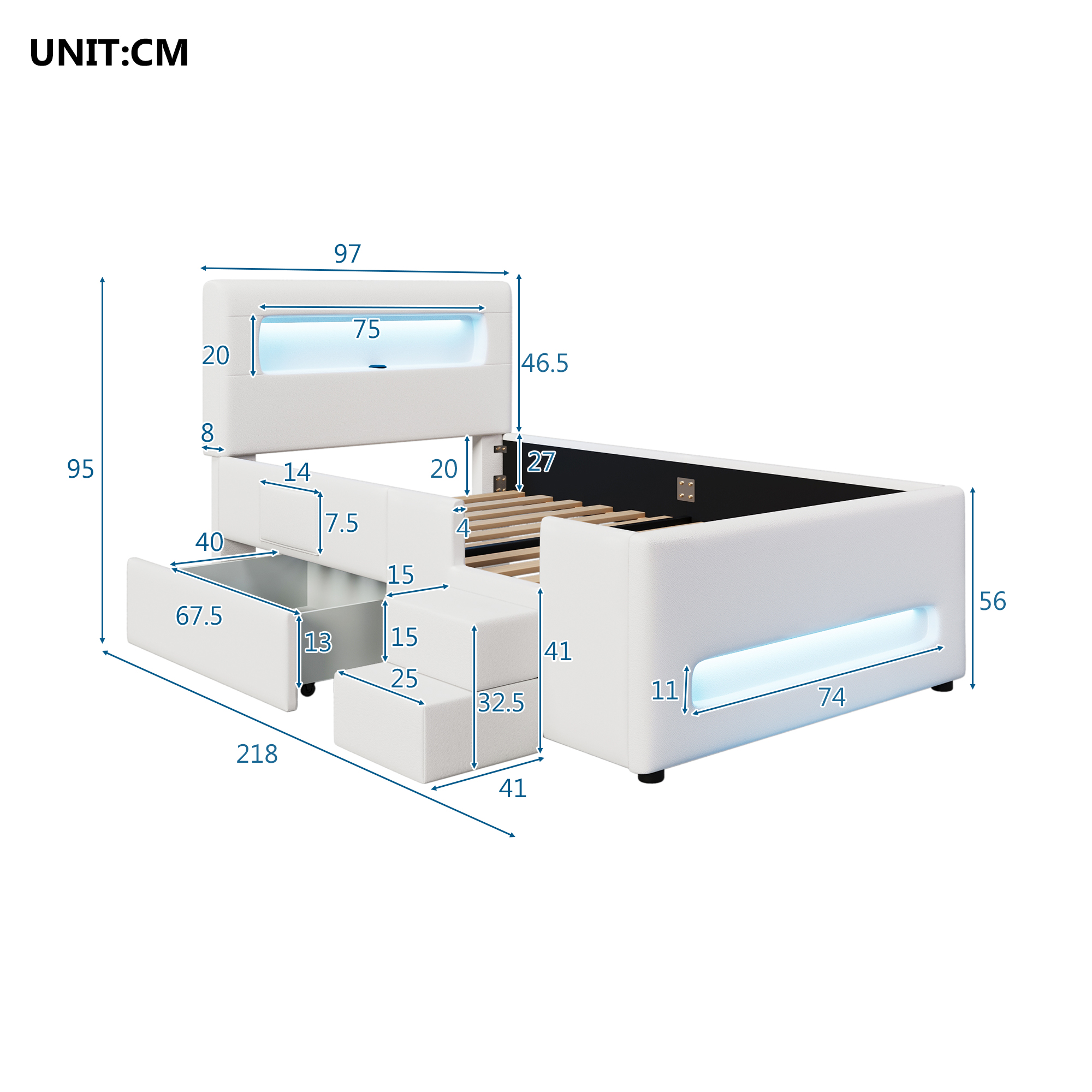 Lit rembourré 90 x 200 cm, escalier, 1 tiroir, éclairage LED, port USB, MDF, blanc, 218 x 97 x 95 cm - vue complémentaire 1
