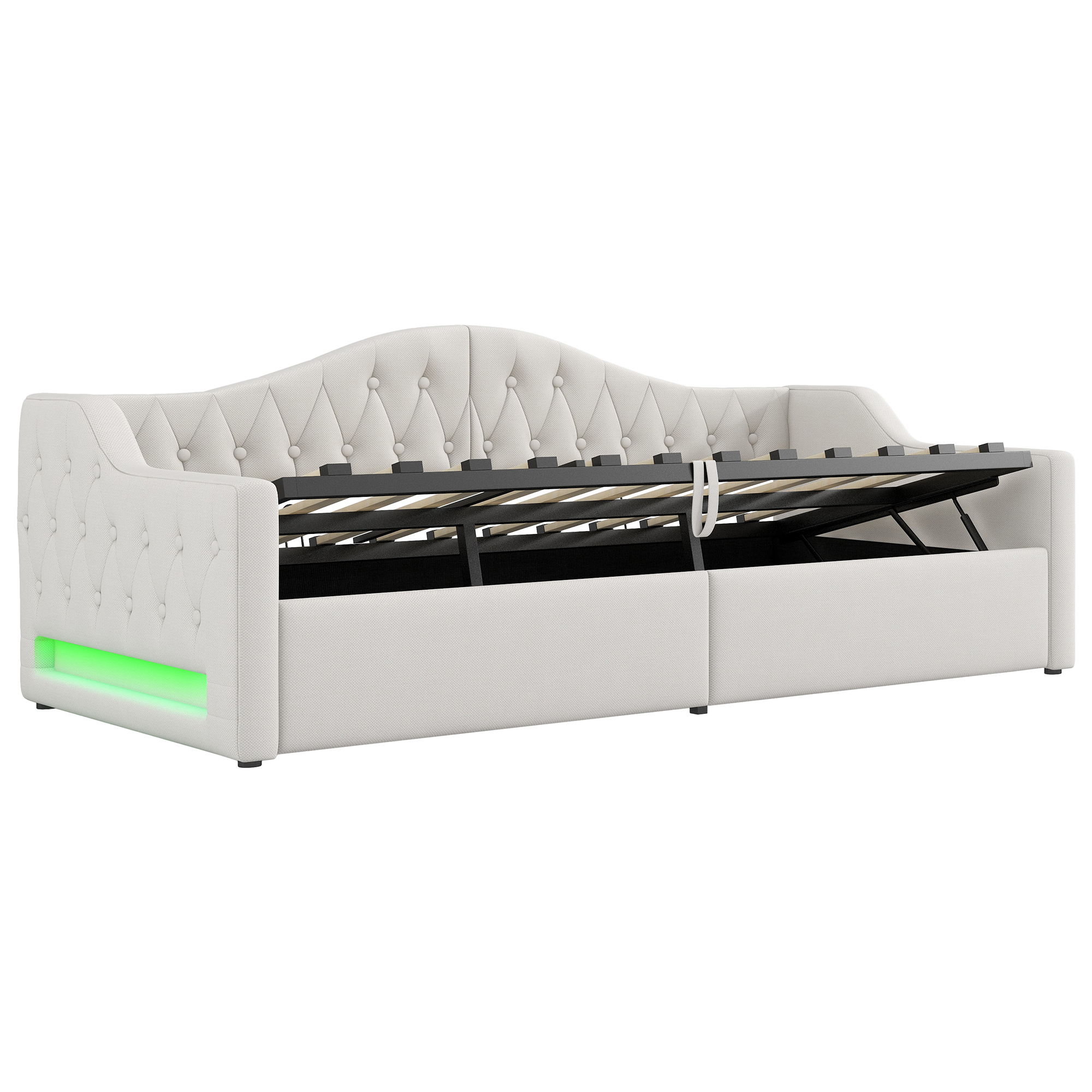 Lit banquette convertible 90x200 cm,en bois,couchage gigogne,rangement intégré,éclairage LED,beige,lit 1 place,lit avec rangement intégré