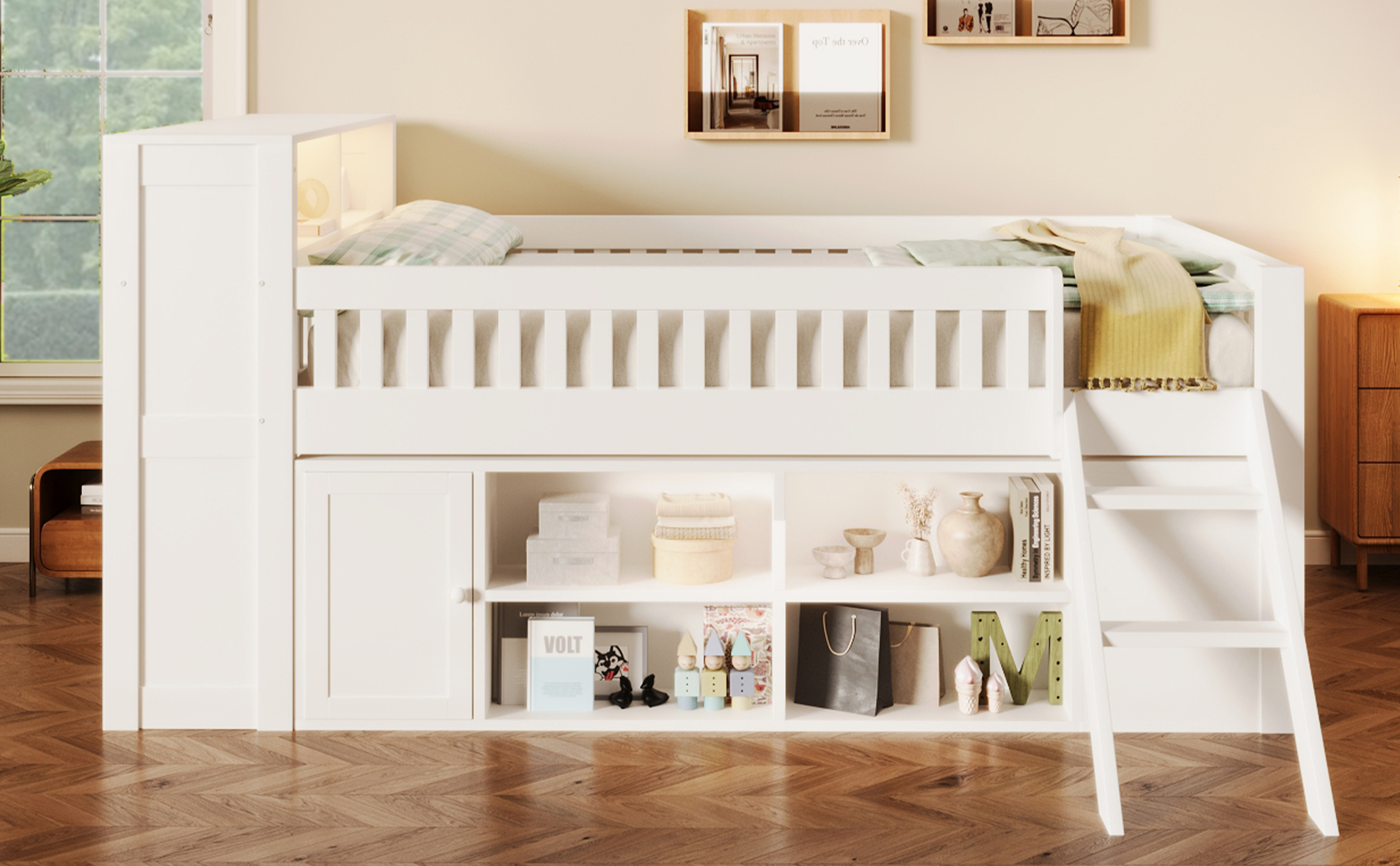 Lit mezzanine enfant 140x200 cm avec rangements LED et garde-corps blanc