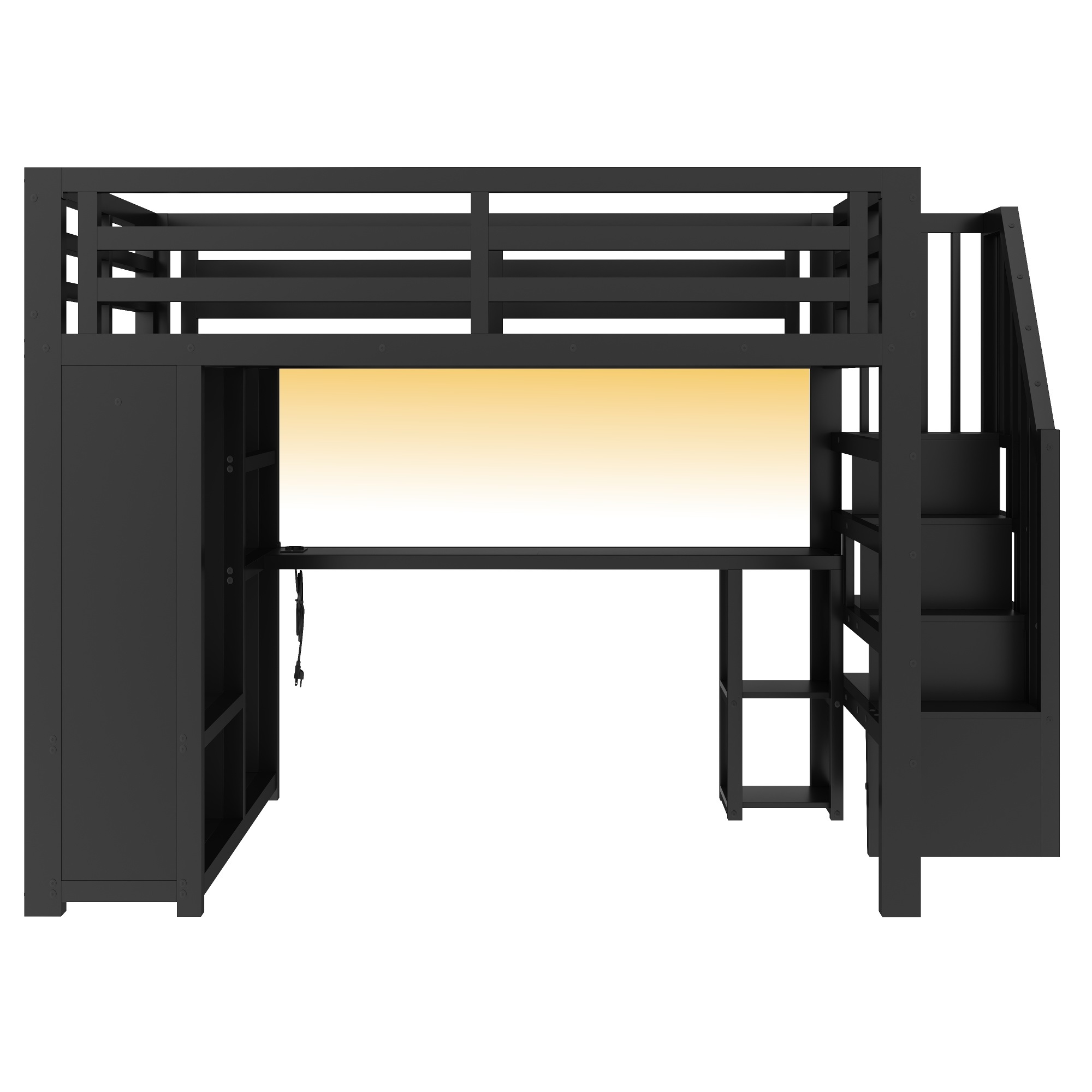 Lit mezzanine 160 x 200 cm avec éclairage LED, port USB / Type-C, rangements intégrés, bureau intégré, noir - spécifications 1
