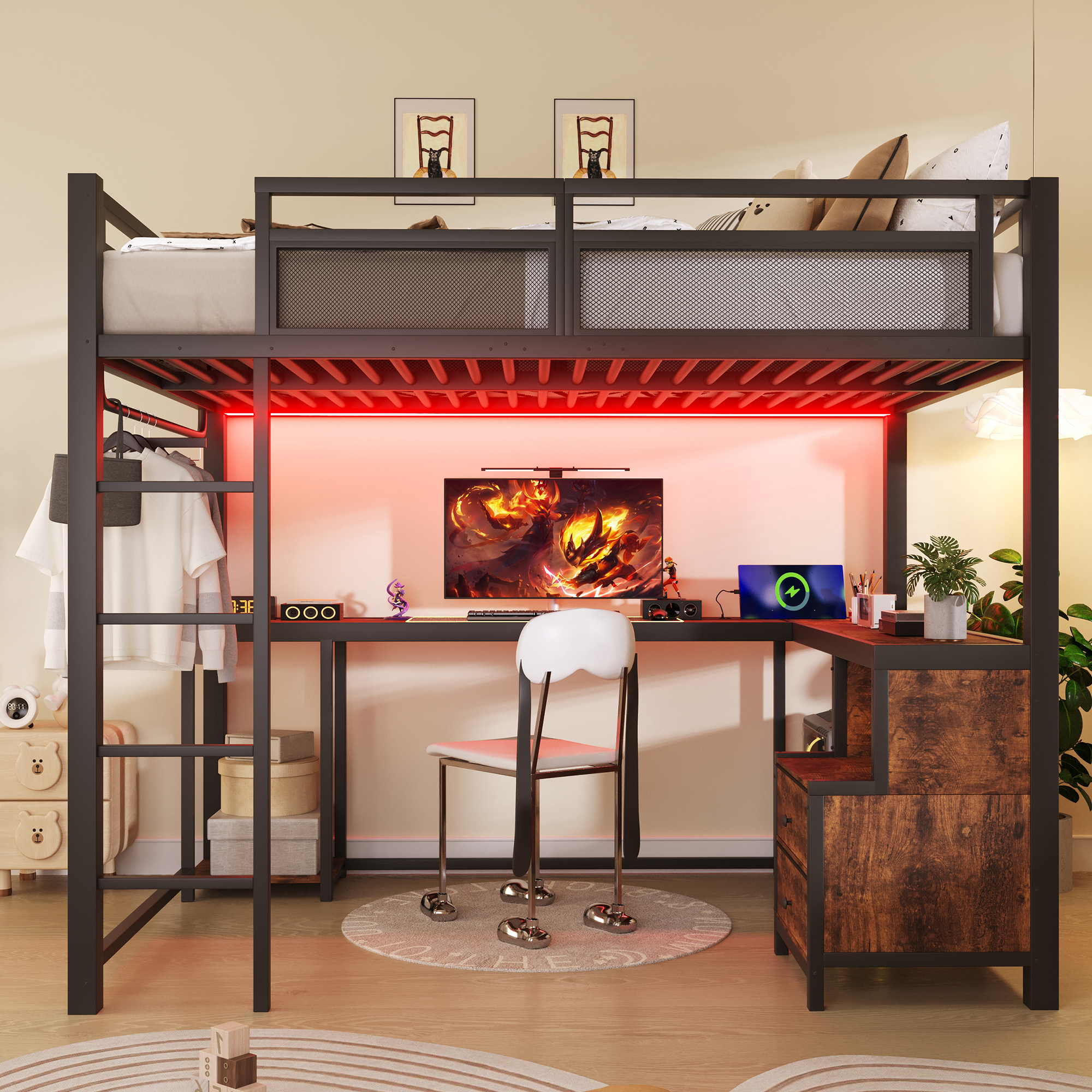 Lit mezzanine métal noir 140x200 LED bureau