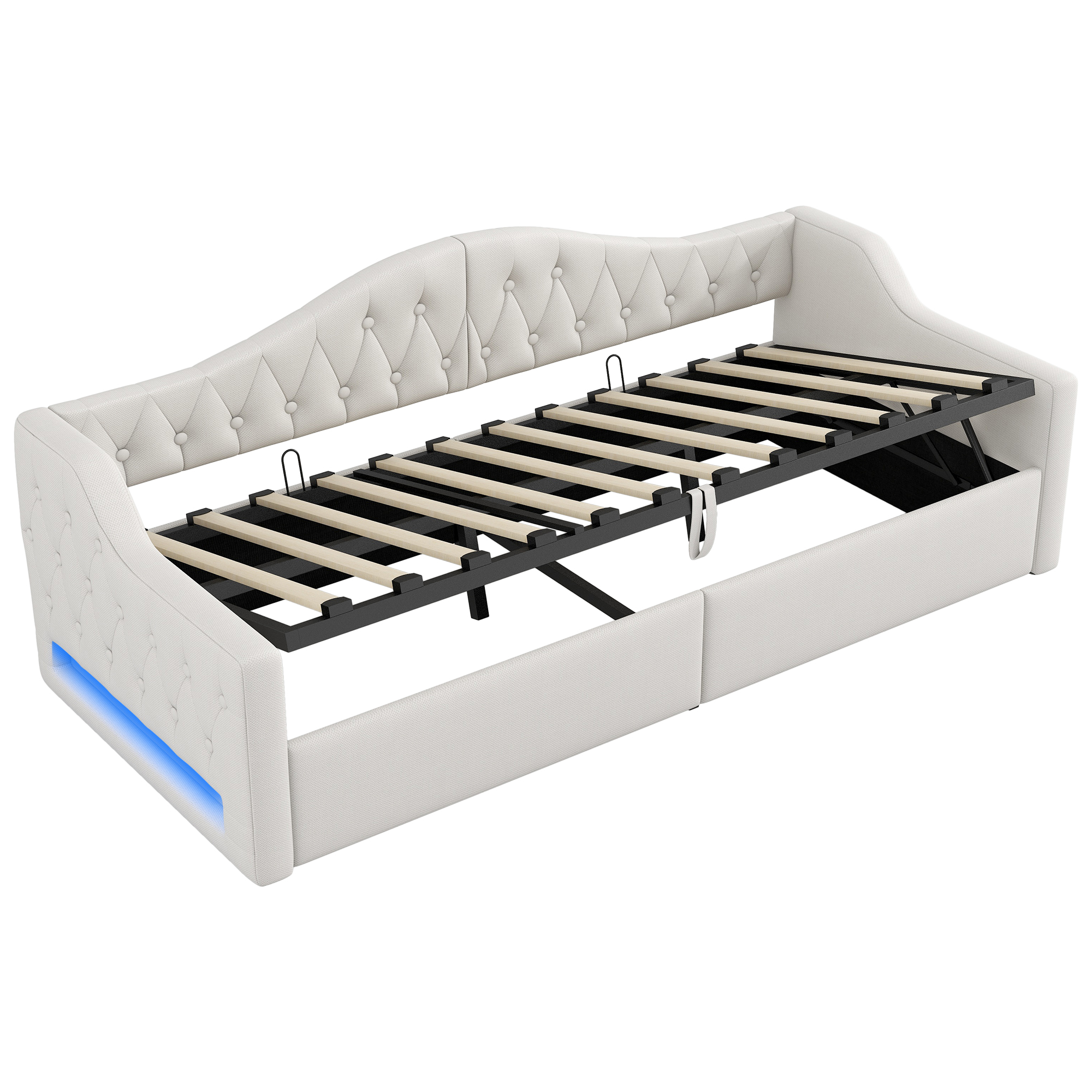 Lit banquette convertible 90x200 cm,en bois,couchage gigogne,rangement intégré,éclairage LED,beige,lit 1 place,lit avec rangement intégré