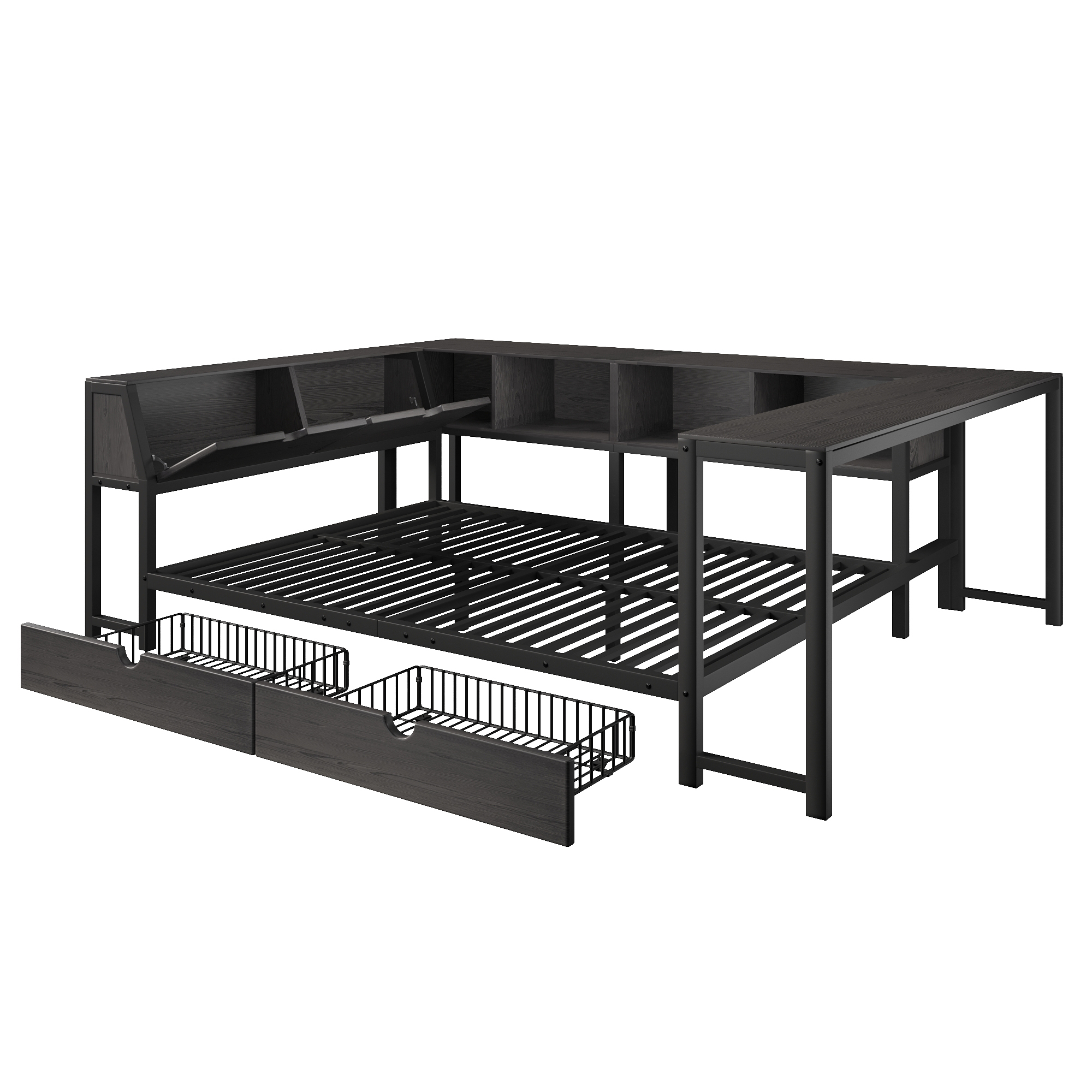Lit en métal 140x200 cm,en métal,lit enfant,tiroirs de rangement,bureau intégré,éclairage LED,noir,lit avec rangement intégré