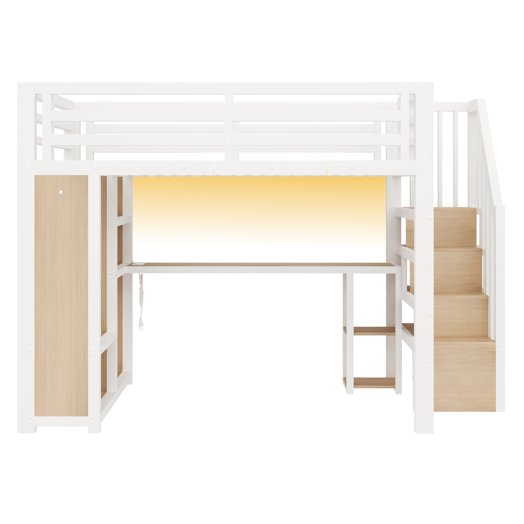 Lit mezzanine 140 x 200 cm avec éclairage LED, port USB / Type-C, rangements intégrés, bureau intégré, blanc - spécifications 1