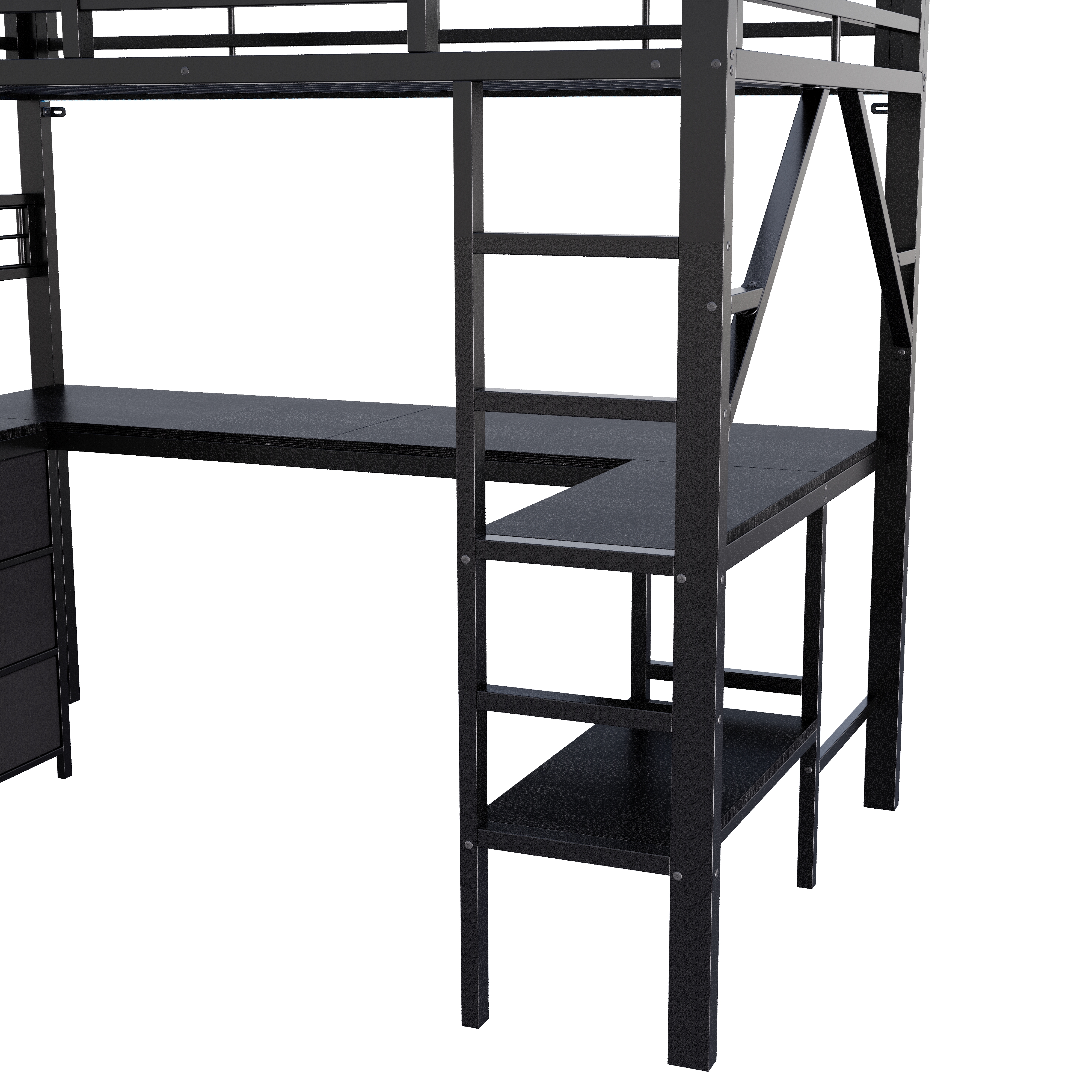 Bureau en U et panneau perforé sous le lit mezzanine