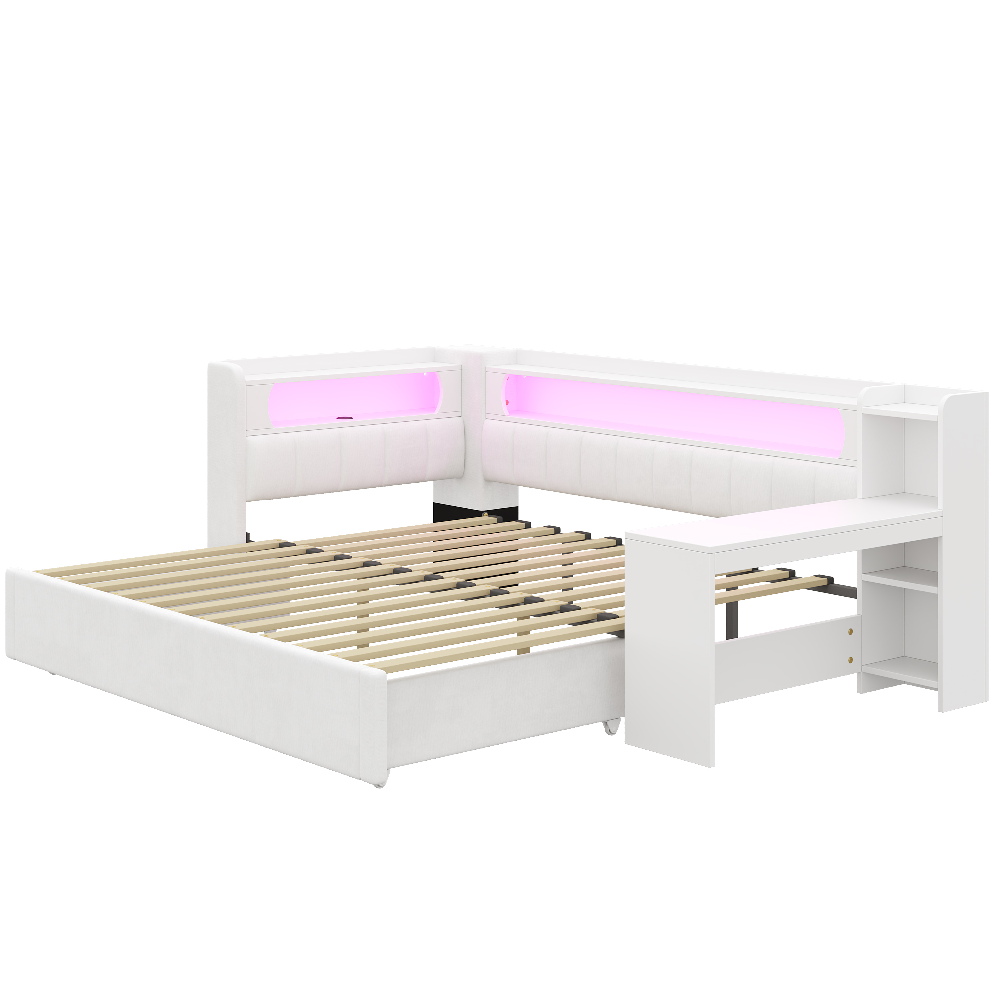 Lit banquette 90x200 cm extensible à 180x200 cm,en bois,lit enfant,lit gigogne,rangement intégré,bureau intégré,éclairage LED,port USB,blanc