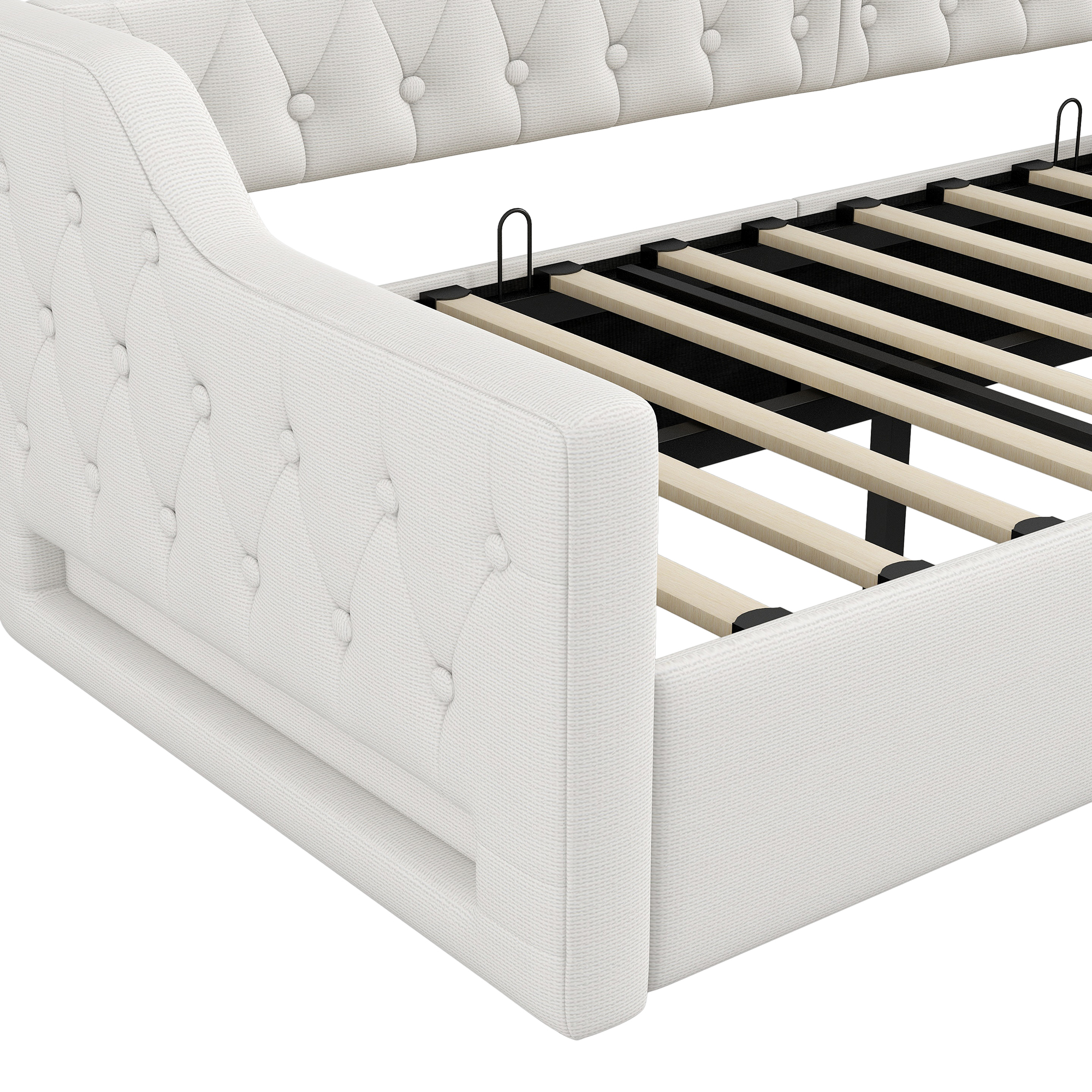 Lit banquette convertible 90x200 cm,en bois,couchage gigogne,rangement intégré,éclairage LED,beige,lit 1 place,lit avec rangement intégré
