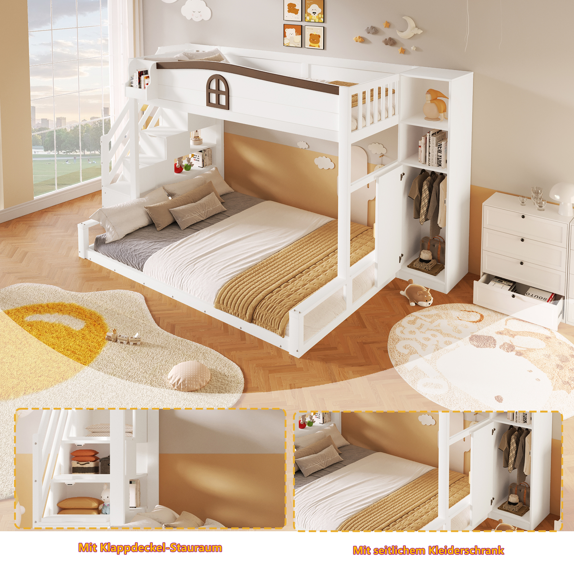 Lit superposé armoire, rangements, en bois, blanc, pour chambre enfant, sans matelas