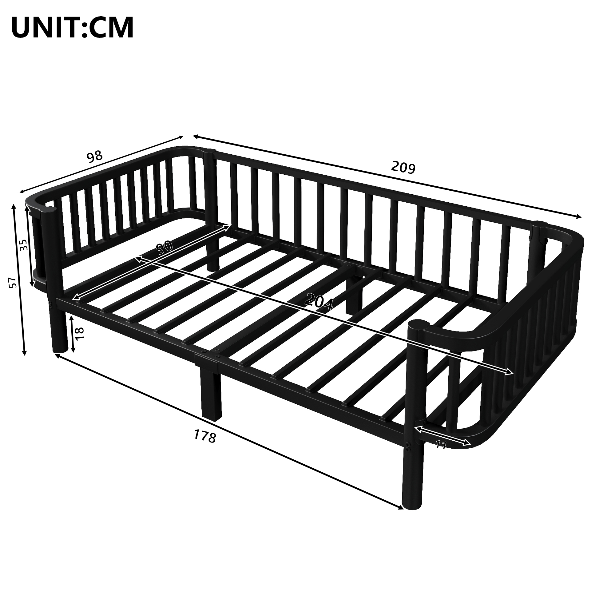Détails de la structure métallique noire du lit banquette 90 x 200 cm