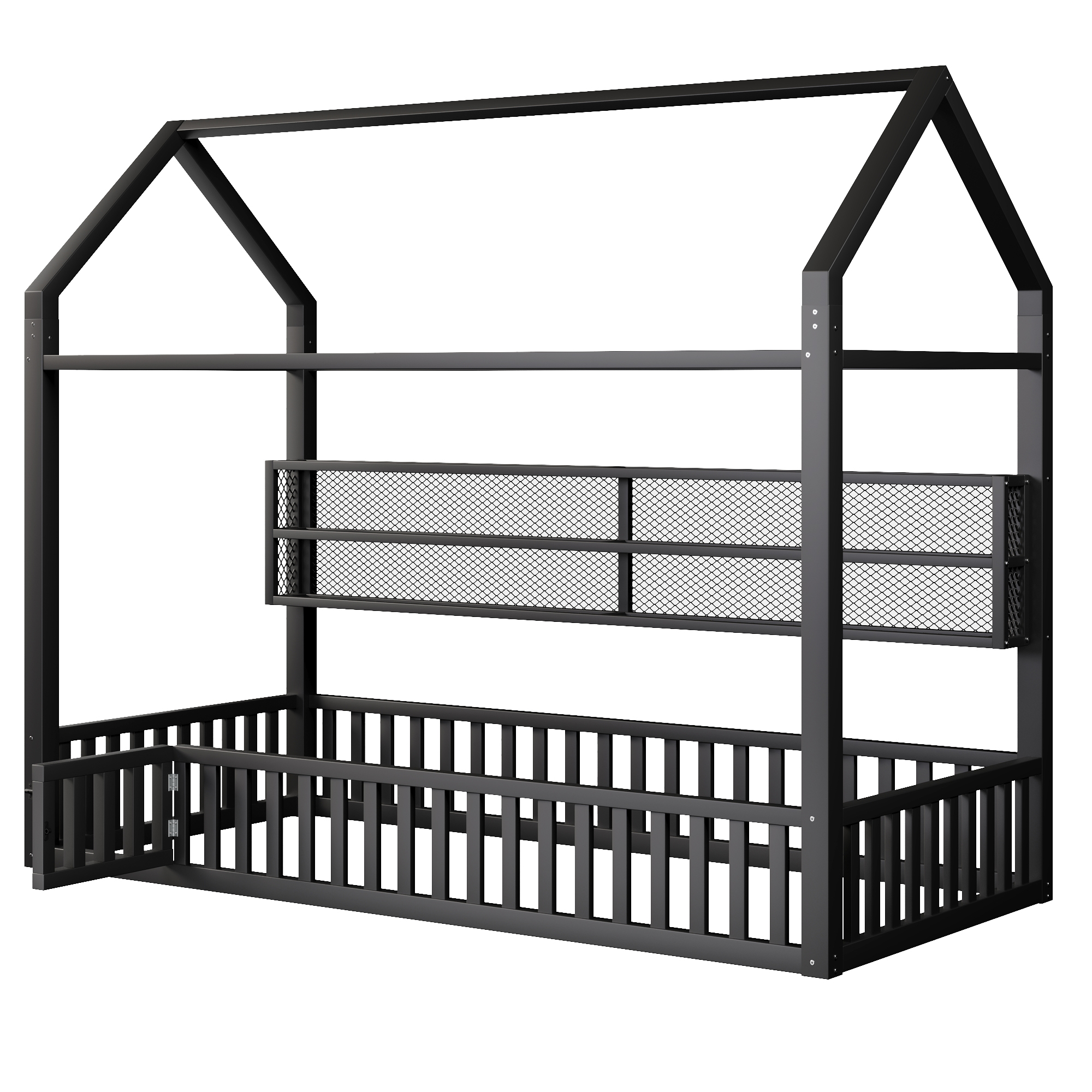Lit plateforme 90 x 200 cm, design cabane, éclairage LED sous le couchage, garde-corps, métal, noir, 204 x 95 x 170 cm 🏠 - spécifications 1