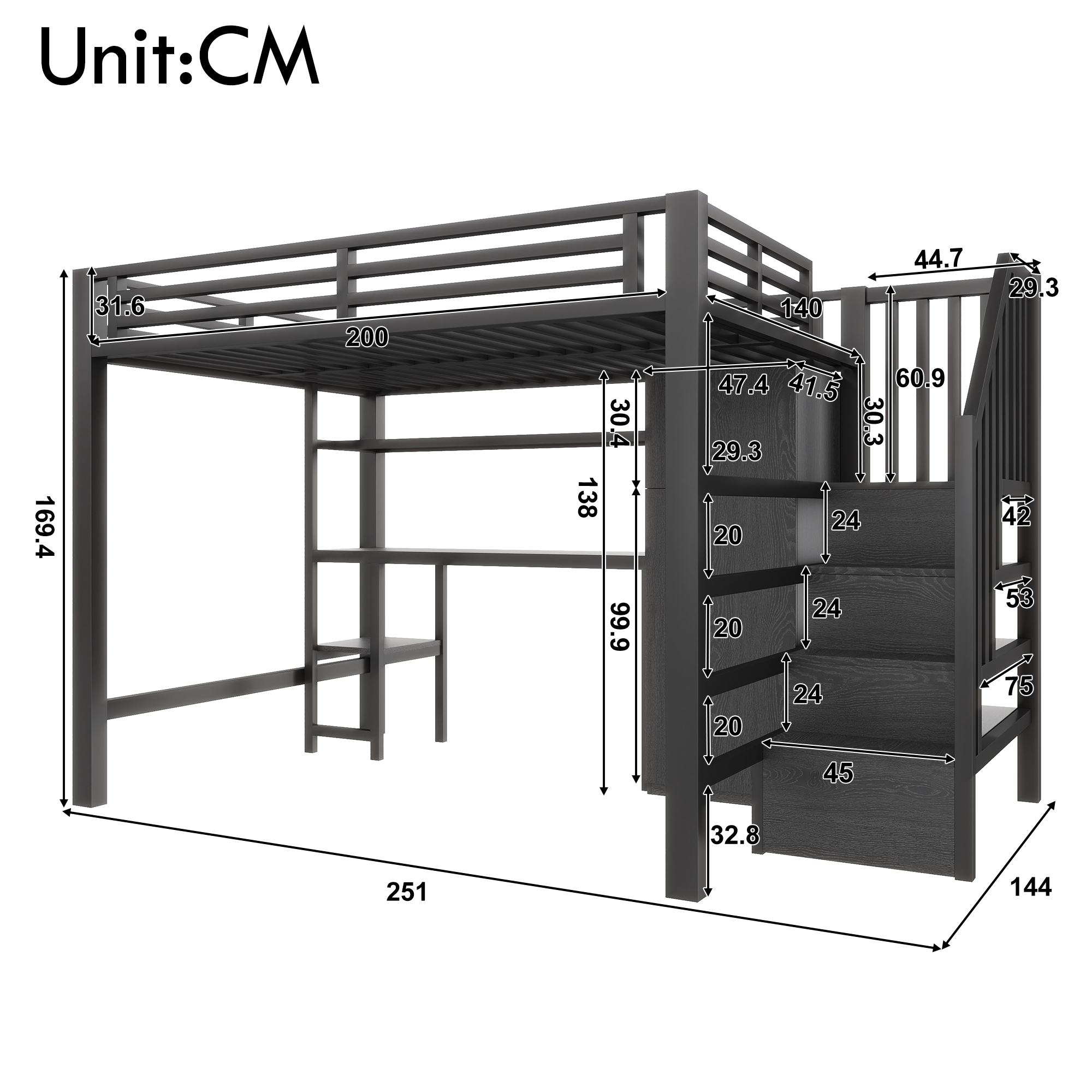 Lit mezzanine 140 x 200 cm, bureau intégré, escalier de rangement, penderie intégrée, éclairage LED au niveau du bureau, métal, noir, 251 x 144 x 149,4 cm - vue complémentaire 1