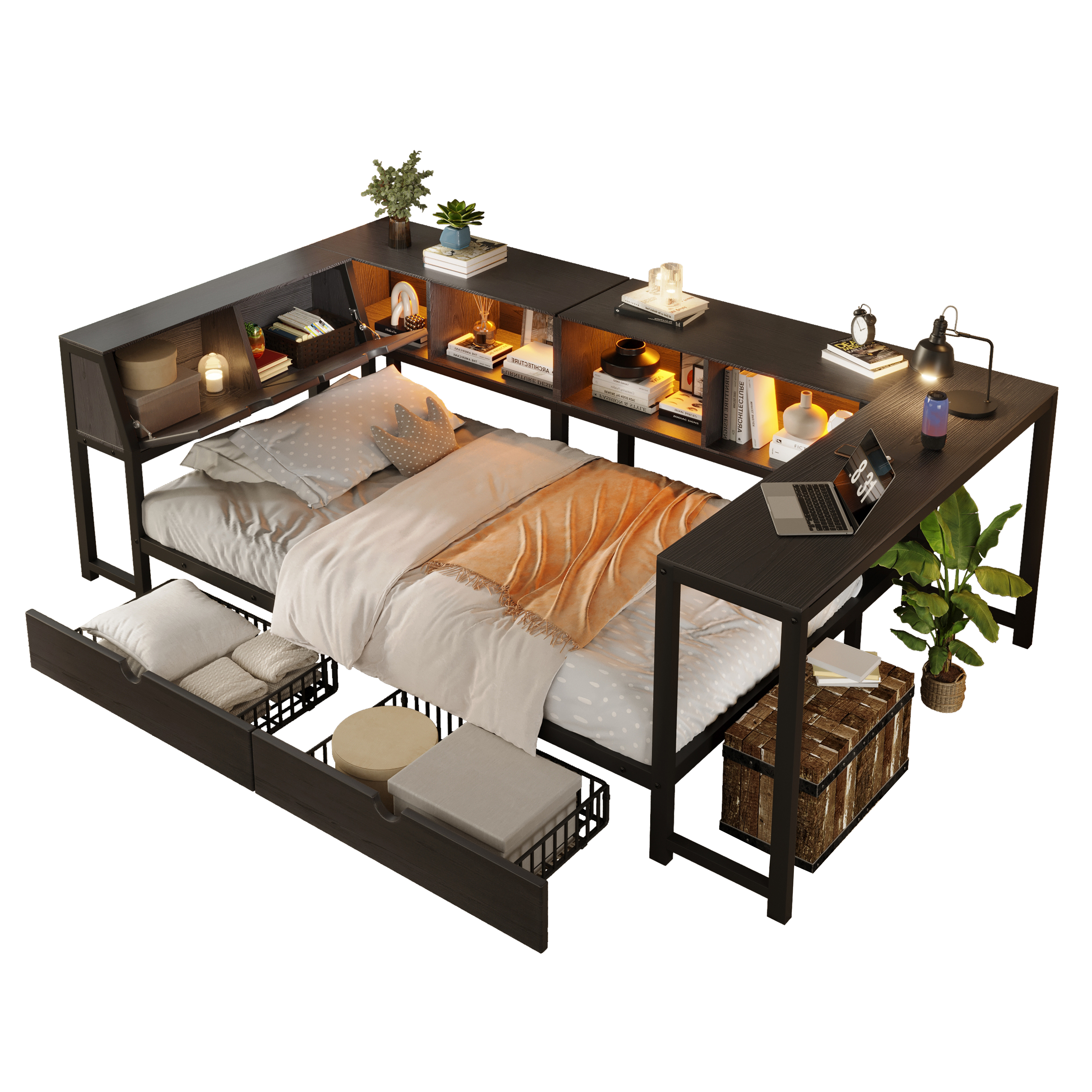 Lit en métal 90x200 cm,en métal,lit enfant,tiroirs de rangement,bureau intégré,éclairage LED,noir,lit avec rangement intégré