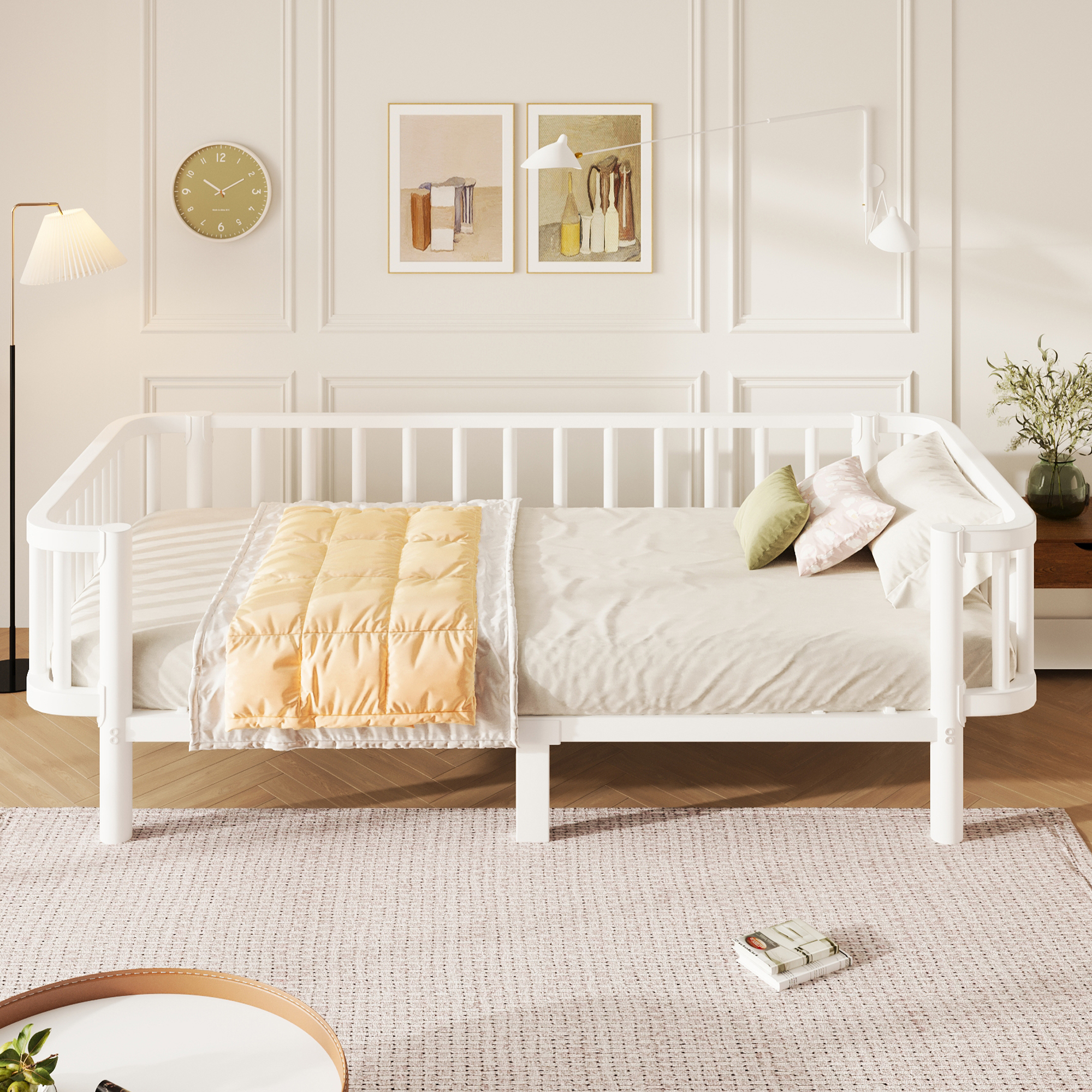 Lit banquette en métal blanc 90 x 200 cm avec sommier à lattes en acier