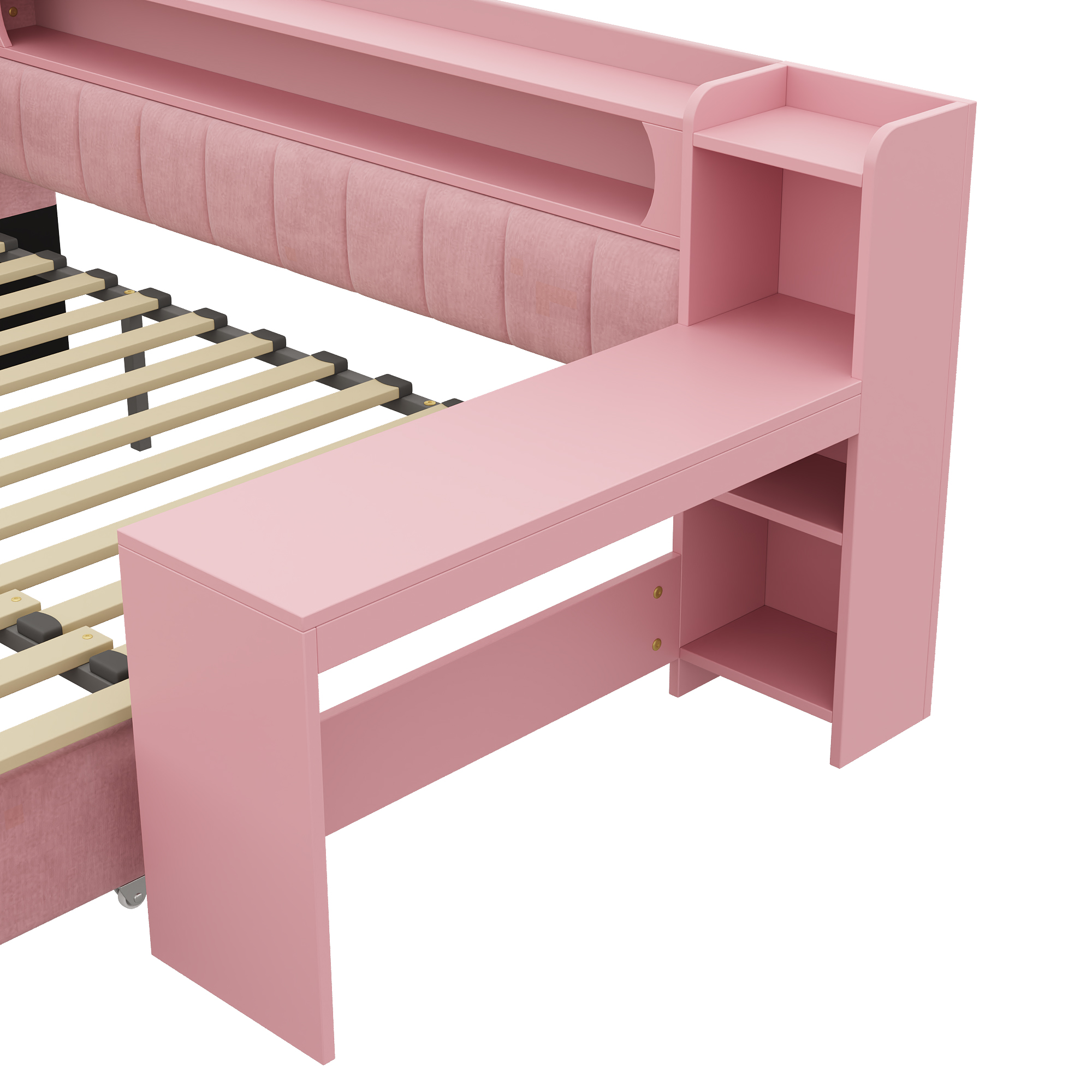 Lit banquette 90x200 cm extensible à 180x200 cm,en bois,lit enfant,lit gigogne,rangement intégré,bureau intégré,éclairage LED,port USB,rose