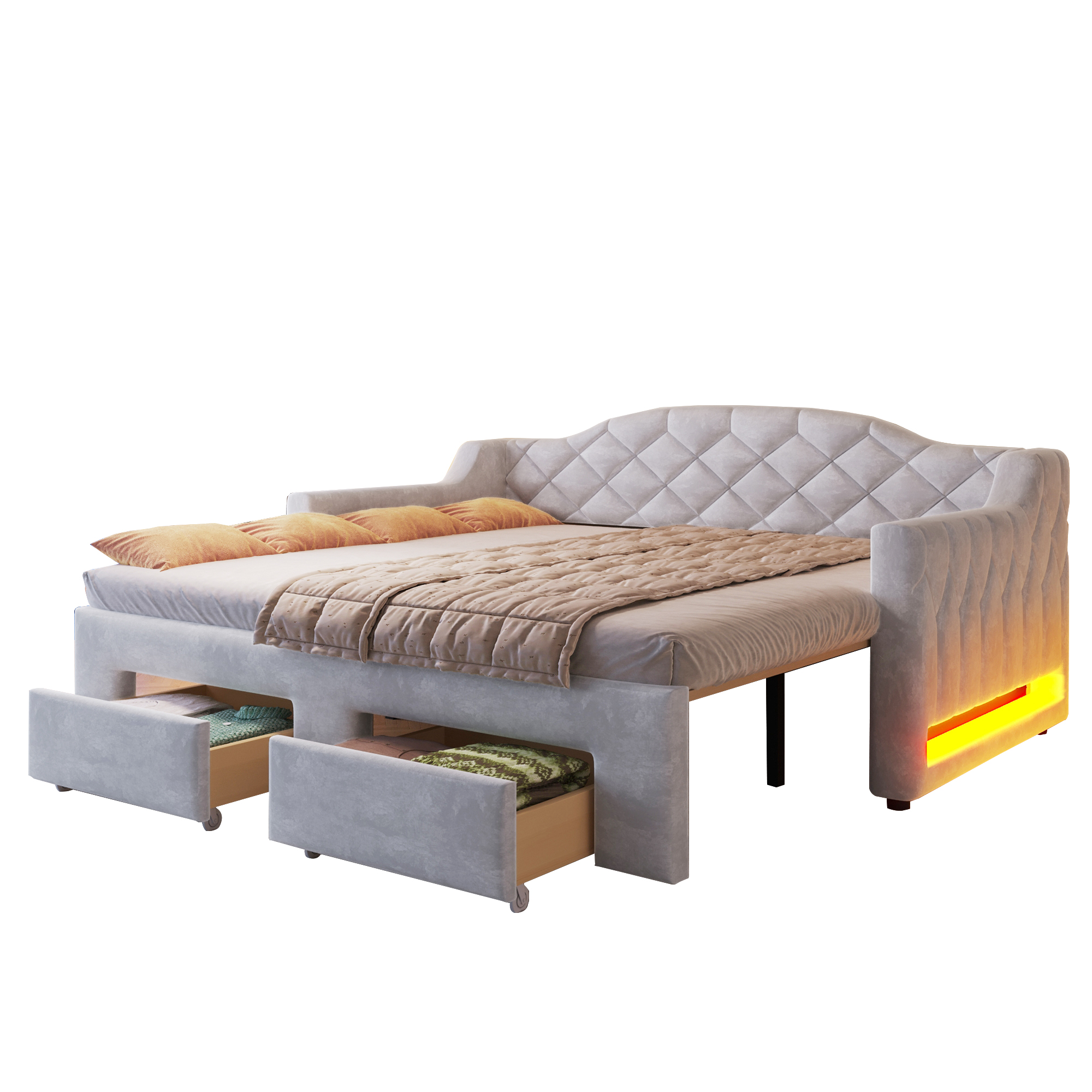 Lit banquette convertible 90x200 cm extensible à 180x200 cm,en bois,lit enfant,couchage gigogne,éclairage LED,gris
