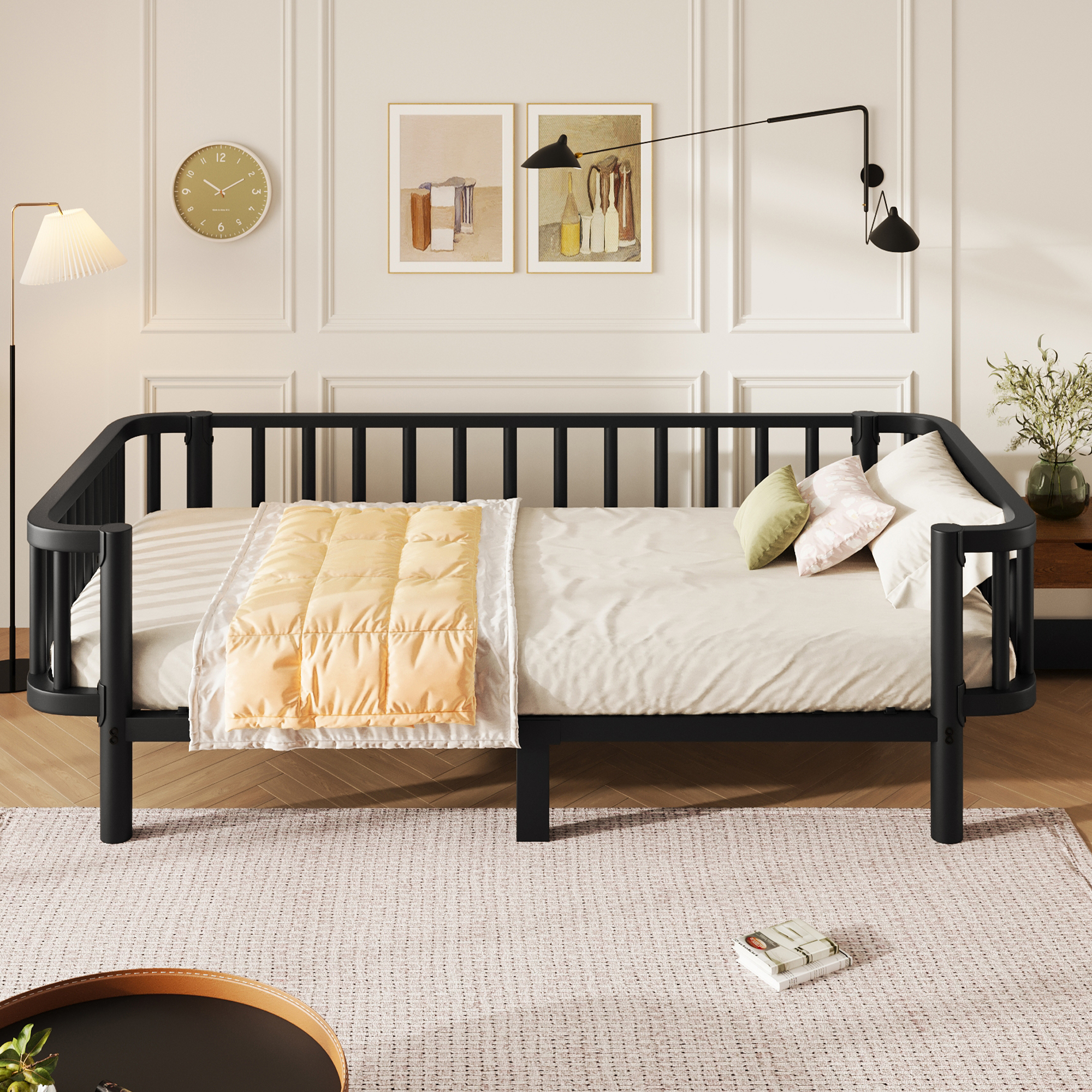 Lit banquette en métal noir 90 x 200 cm avec sommier à lattes en acier