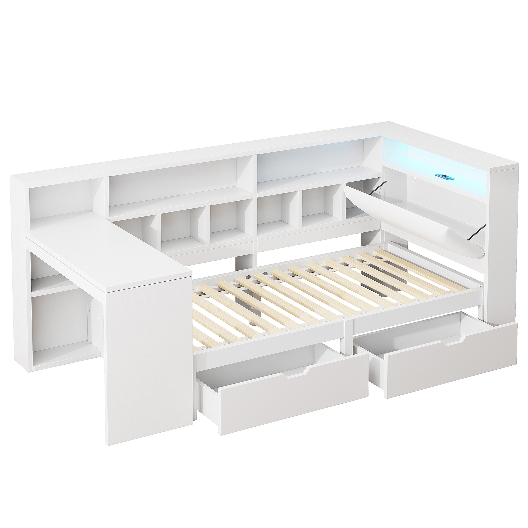Lit / lit de chambre 90 x 200 cm avec éclairage LED, port USB / Type-C, rangements intégrés, bureau intégré, blanc - spécifications 1