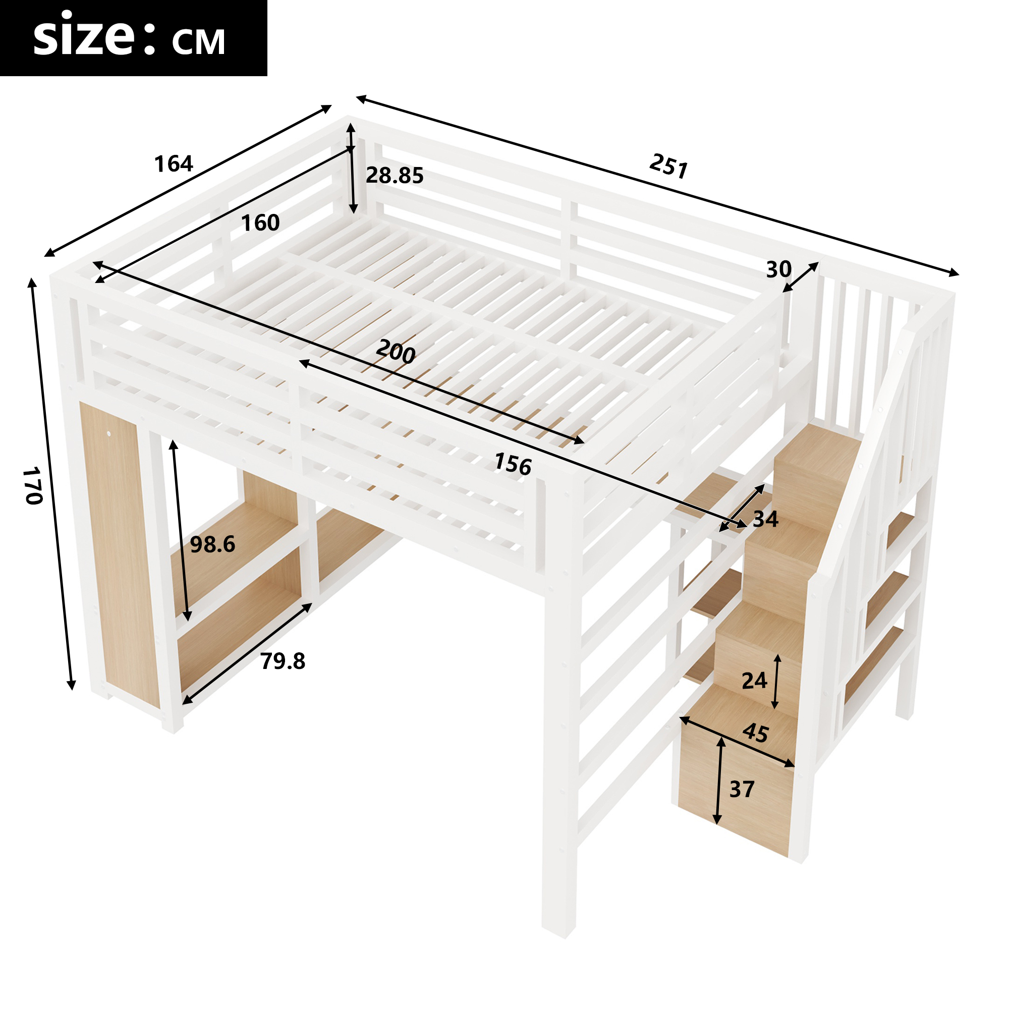 Lit mezzanine 160 x 200 cm avec éclairage LED, port USB / Type-C, rangements intégrés, bureau intégré, blanc - vue complémentaire 1