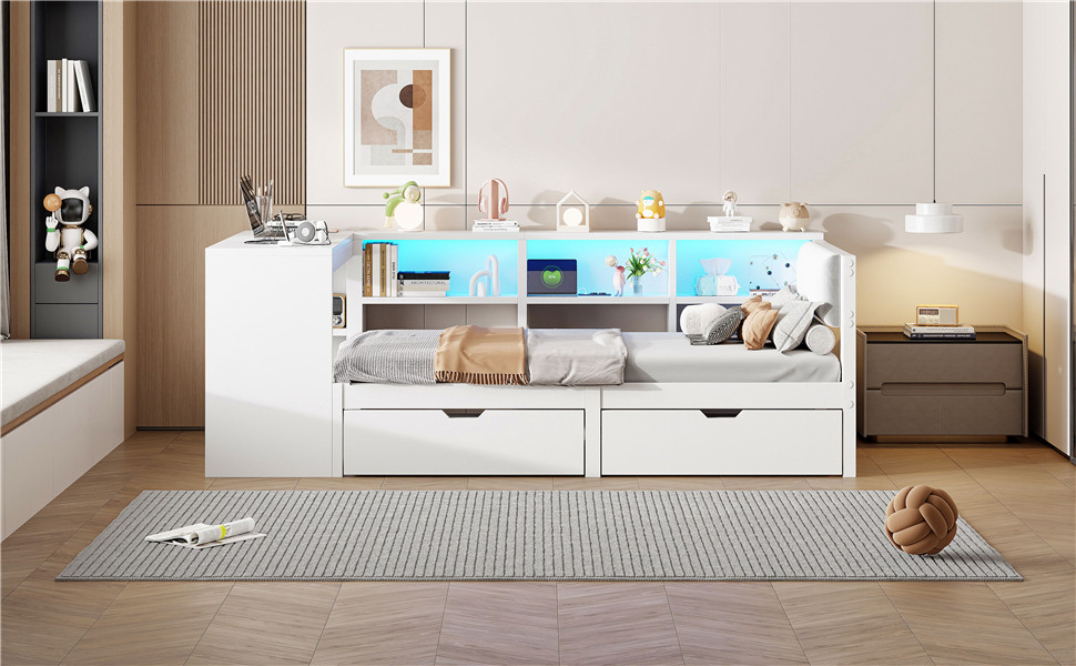 90x200 Holz-Plattformbett mit Ablageflächen, Schub