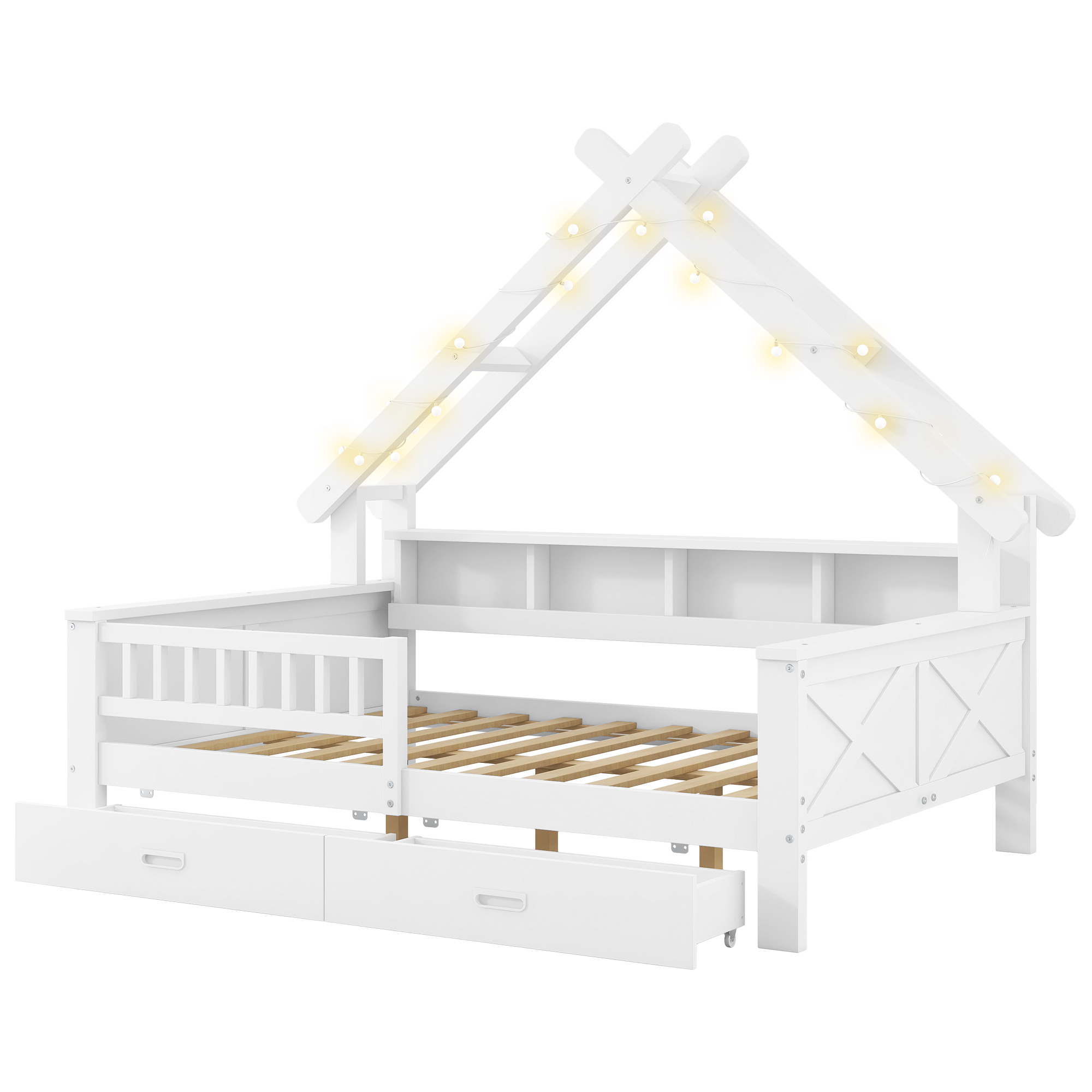 Lit cabane 140x200 cm,en bois,lit enfant,tiroirs de rangement,éclairage LED,port USB,blanc,lit avec rangement intégré