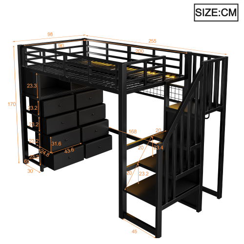 Dimensions du lit mezzanine noir 90x200 cm