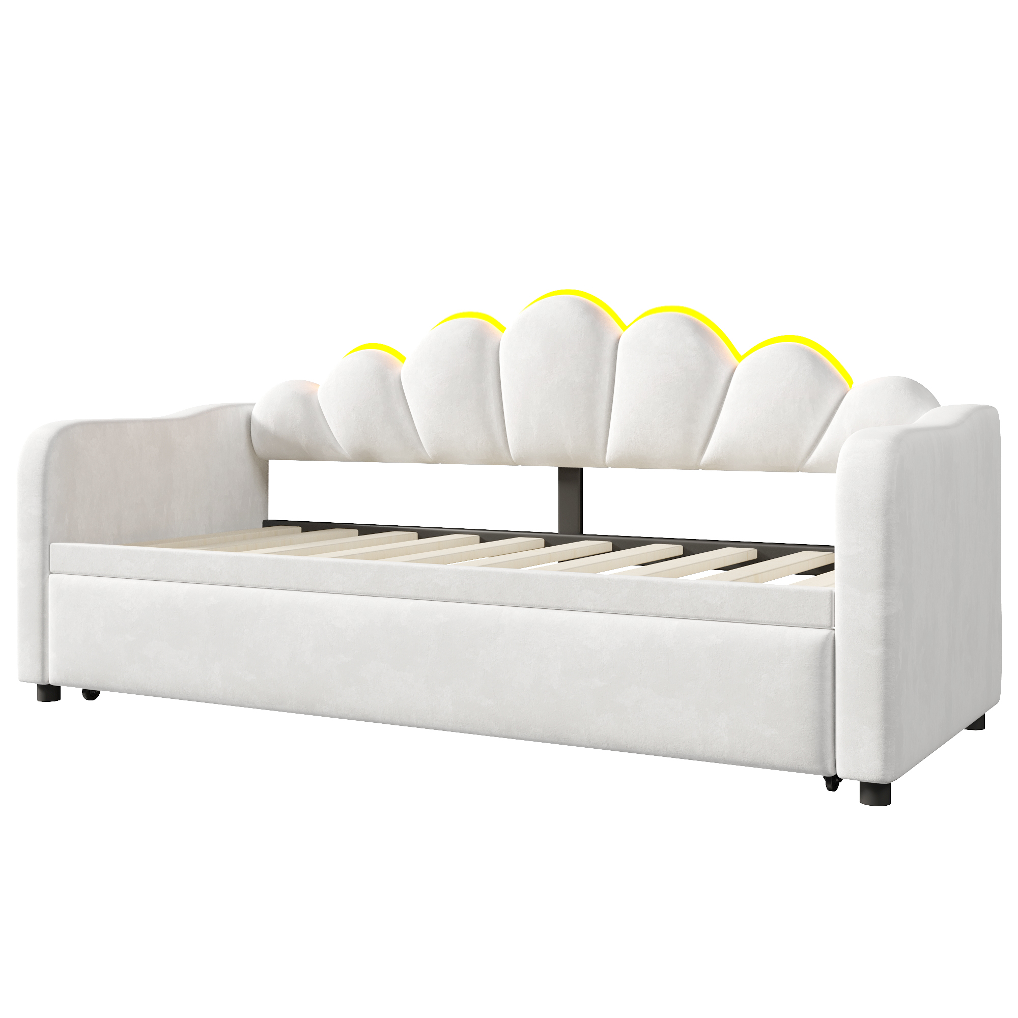 Lit banquette 90x200 cm,en bois,lit gigogne,éclairage LED,blanc,lit 1 place