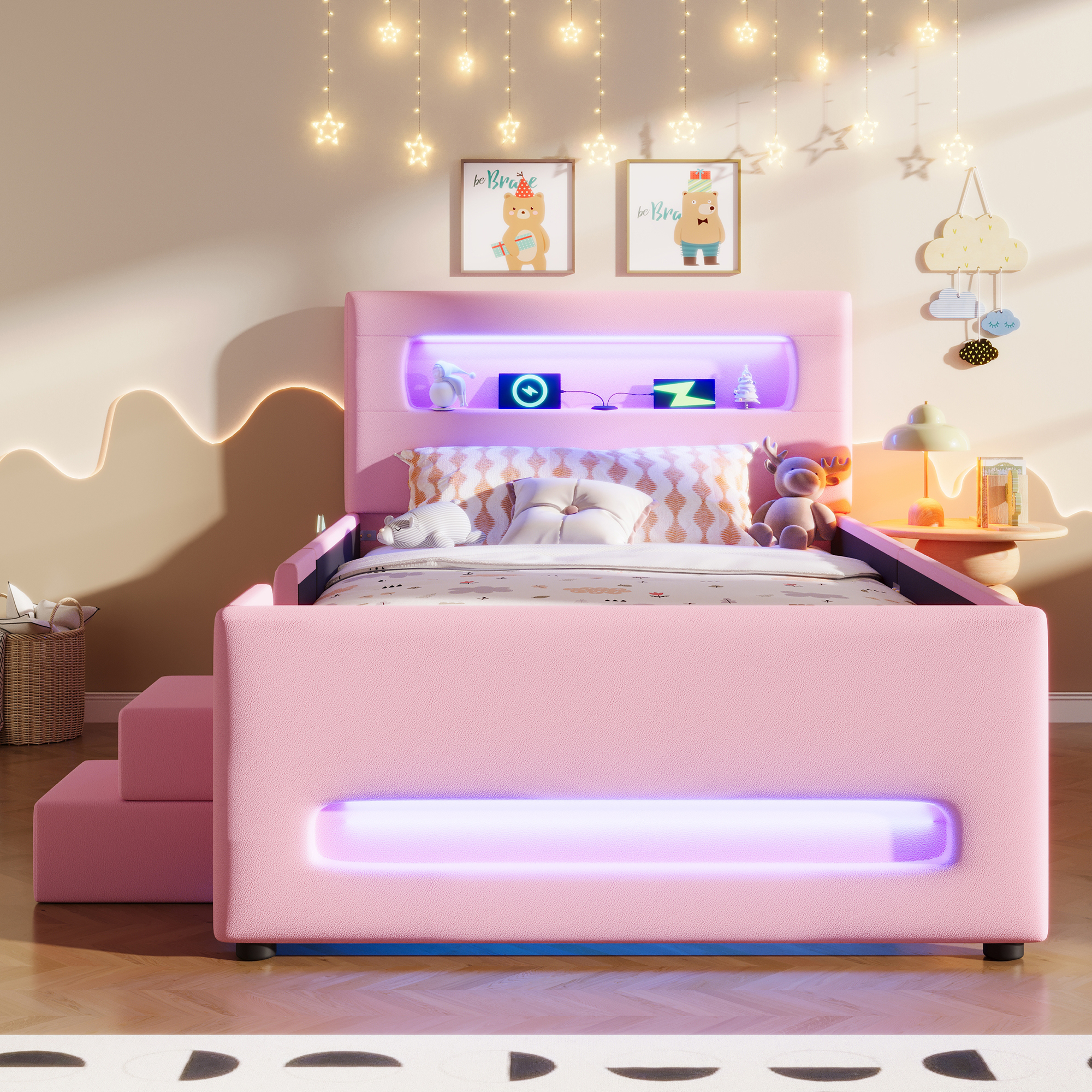 Lit rembourré 90 x 200 cm, escalier, 1 tiroir, éclairage LED, port USB, MDF, rose, 218 x 97 x 95 cm - présentation 1