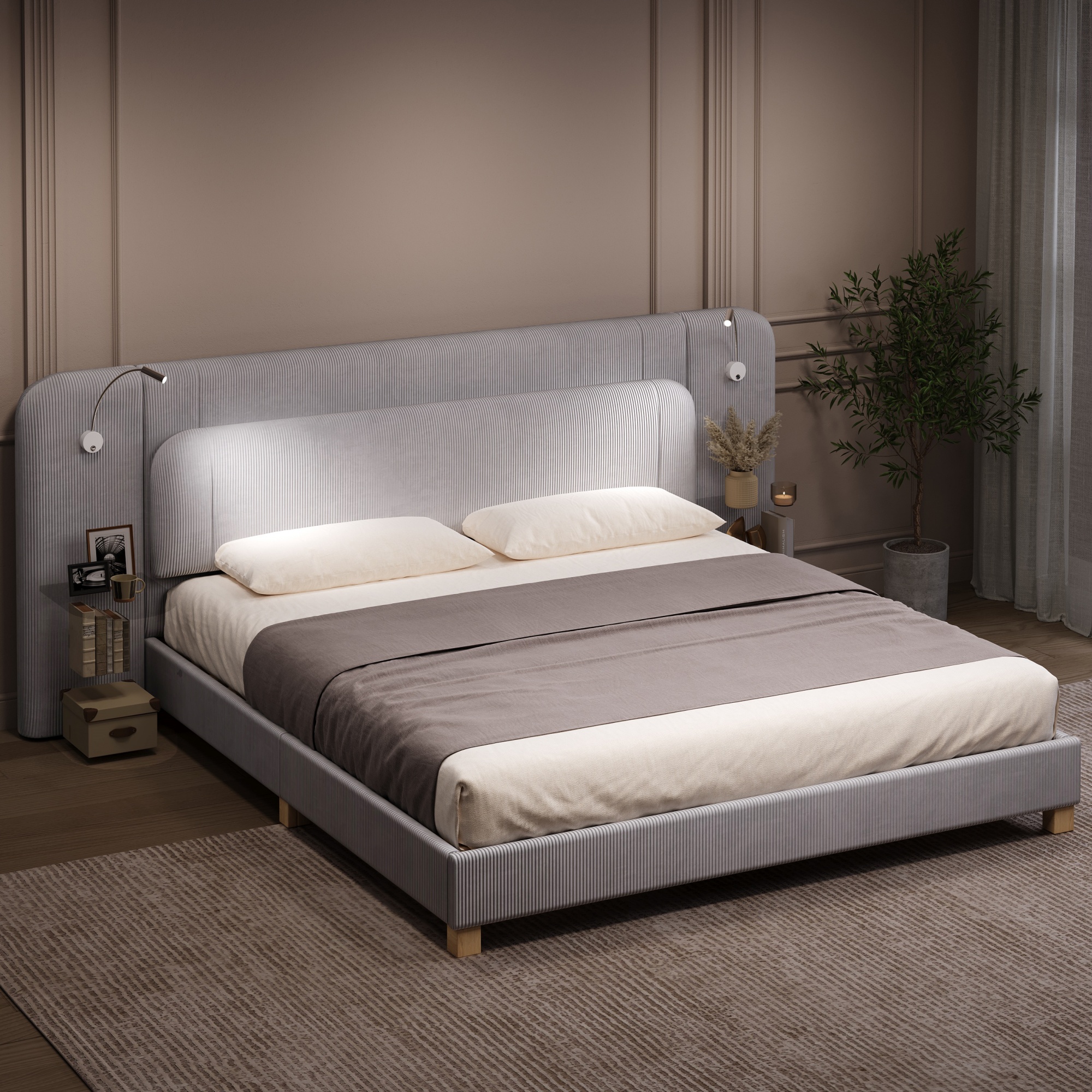 Lit double 180x200 cm en velours côtelé gris avec chevets intégrés et éclairage LED