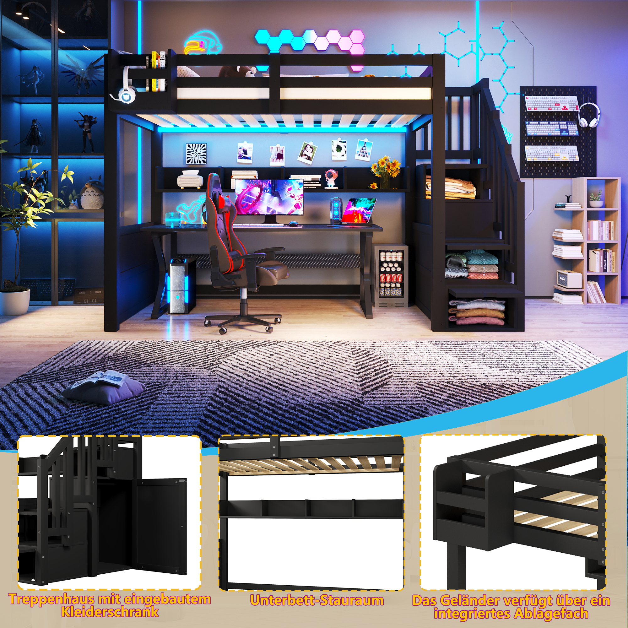 Lit mezzanine noir avec rangements sous le lit