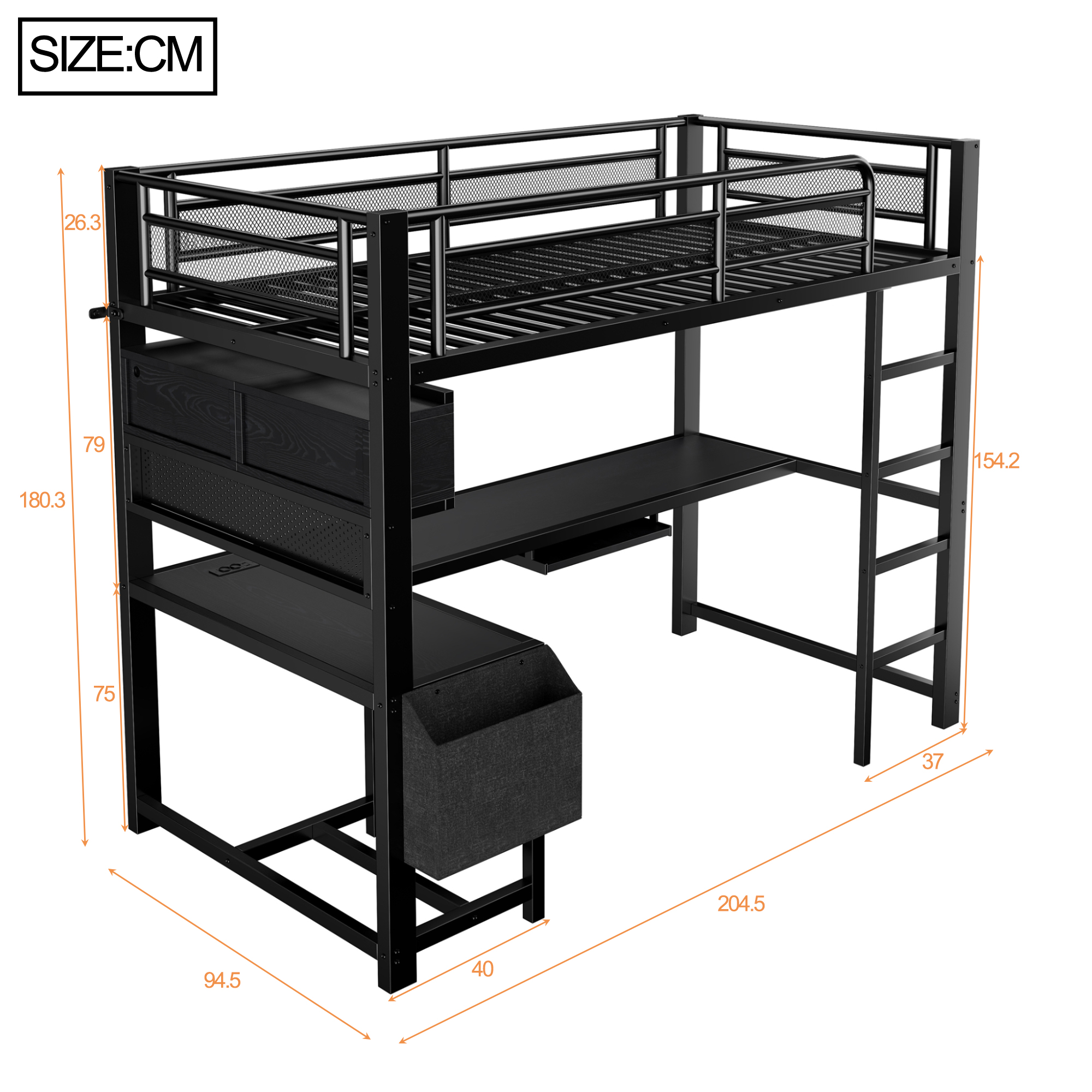 Dimensions lit mezzanine gaming 204.5x94.5x180.3 cm