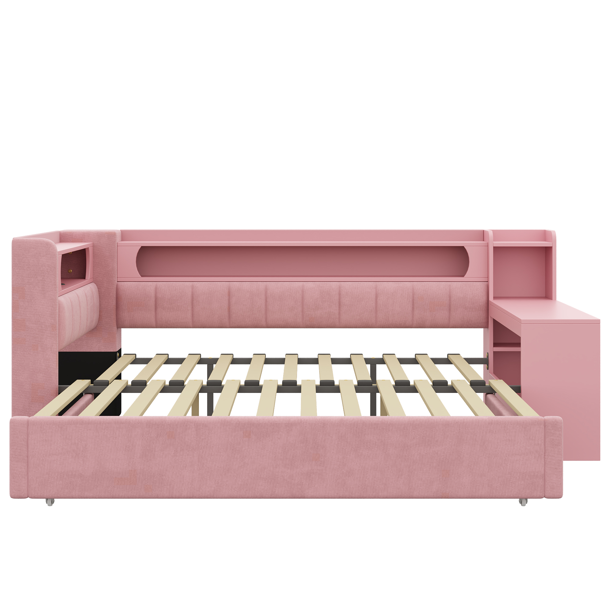 Lit banquette 90x200 cm extensible à 180x200 cm,en bois,lit enfant,lit gigogne,rangement intégré,bureau intégré,éclairage LED,port USB,rose